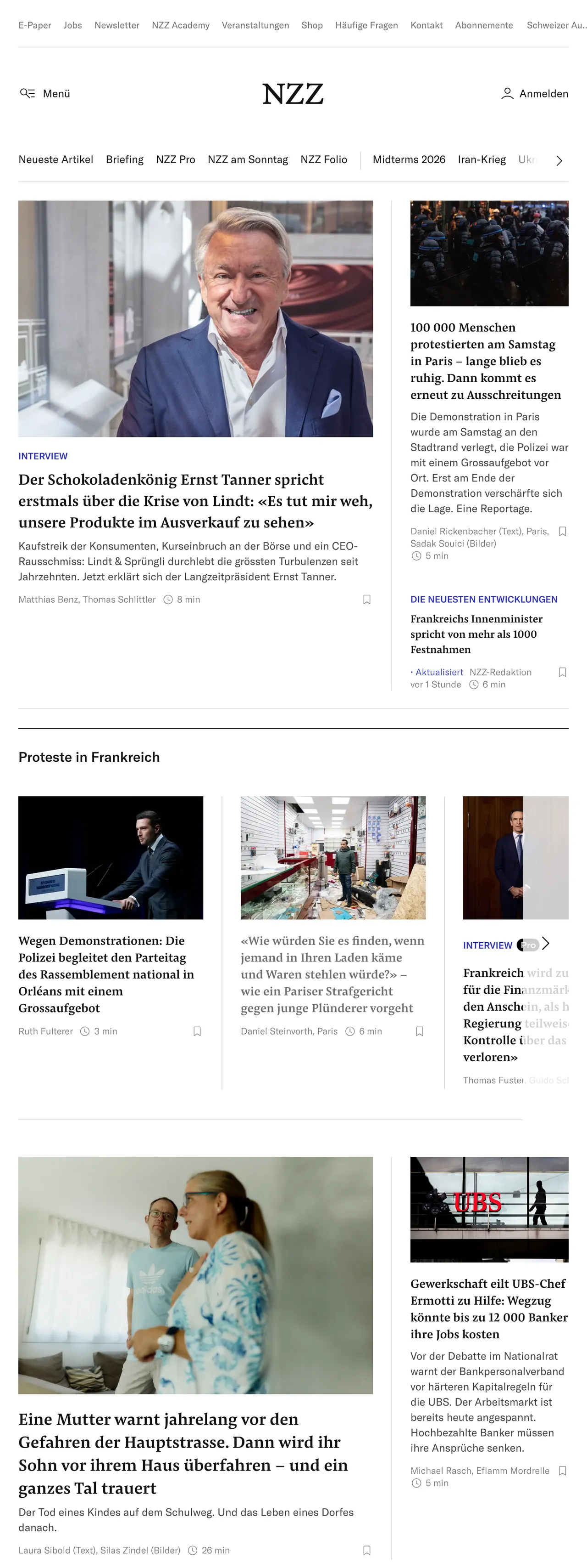 Screenshot of the Neue Zürcher Zeitung front page