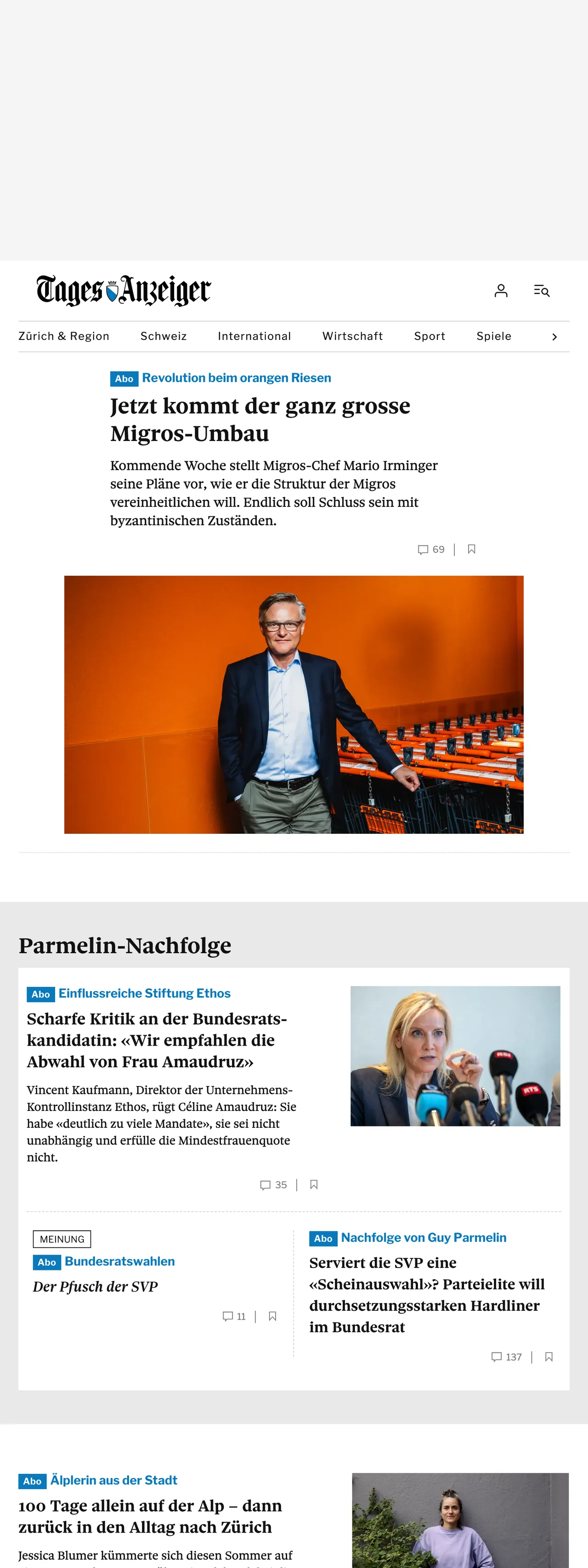 Screenshot of the Tages-Anzeiger front page