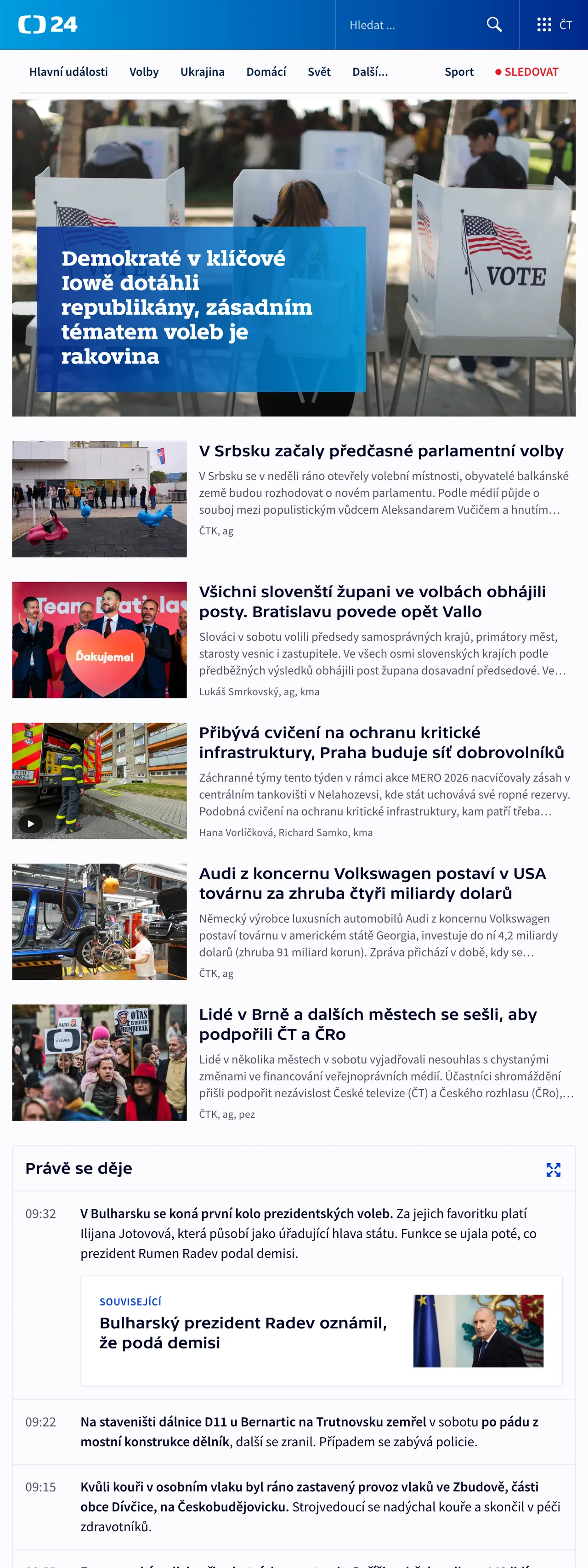 Screenshot of the ČT24 front page