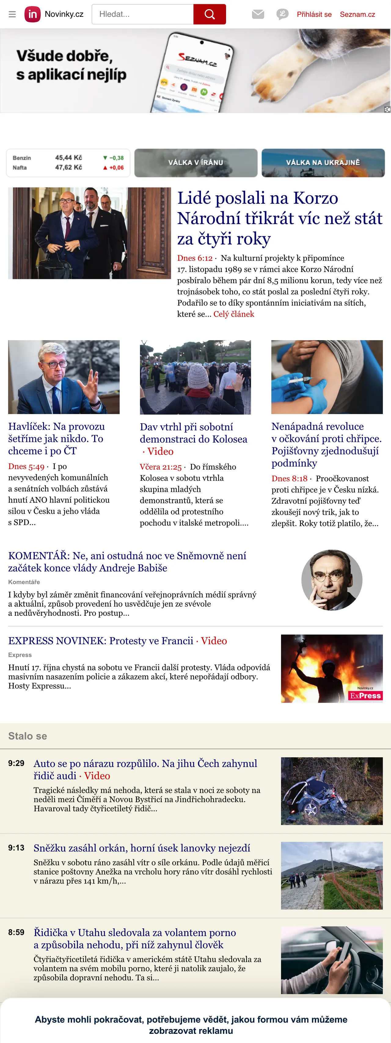 Screenshot of the Novinky.cz front page