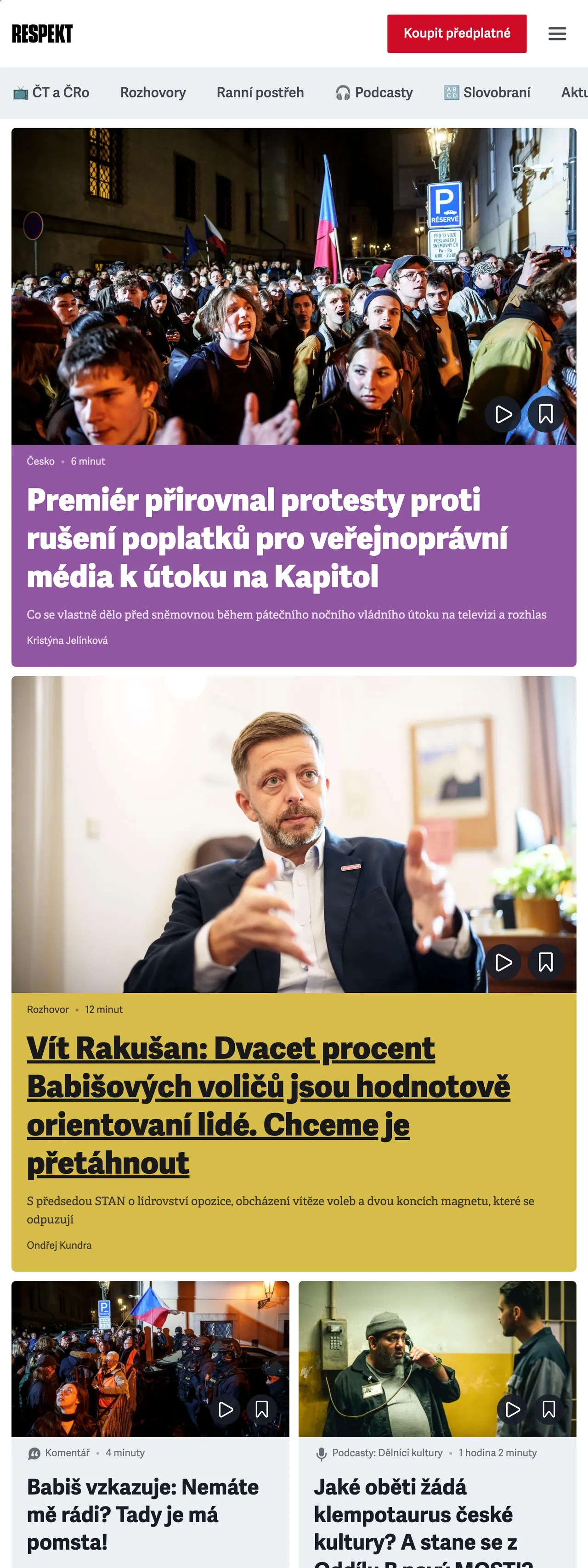 Screenshot of the Respekt front page