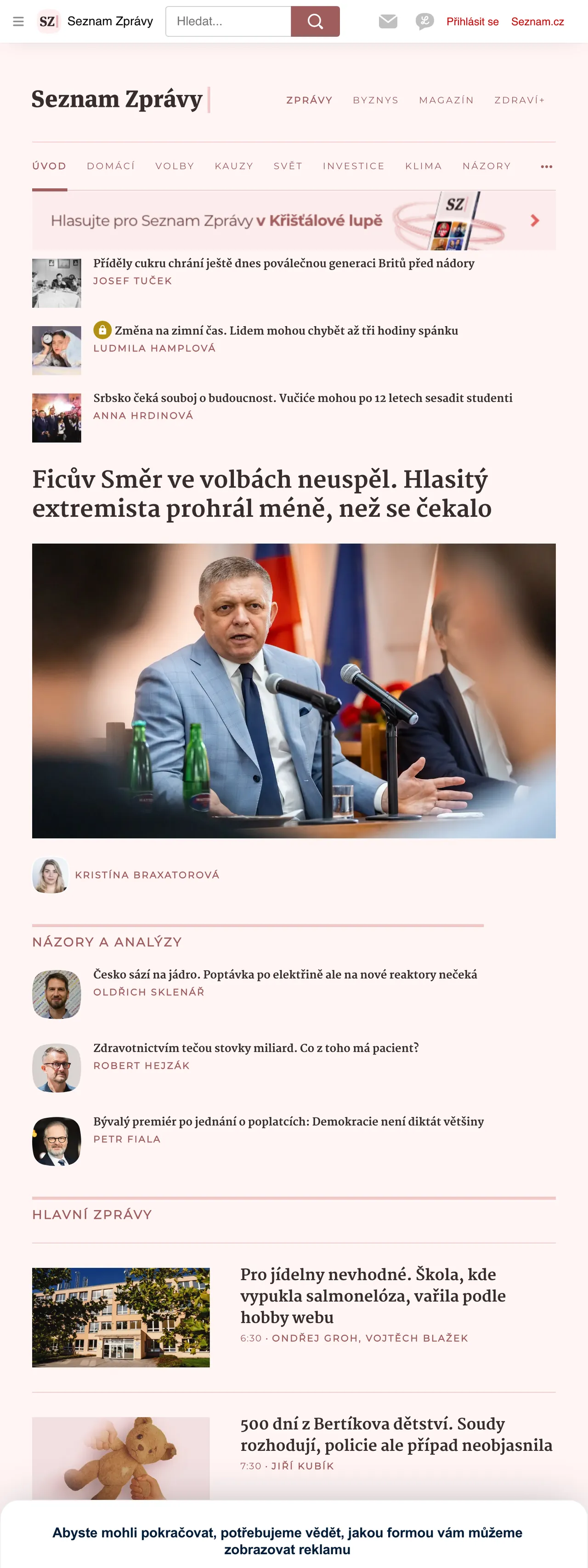 Screenshot of the Seznam Zprávy front page