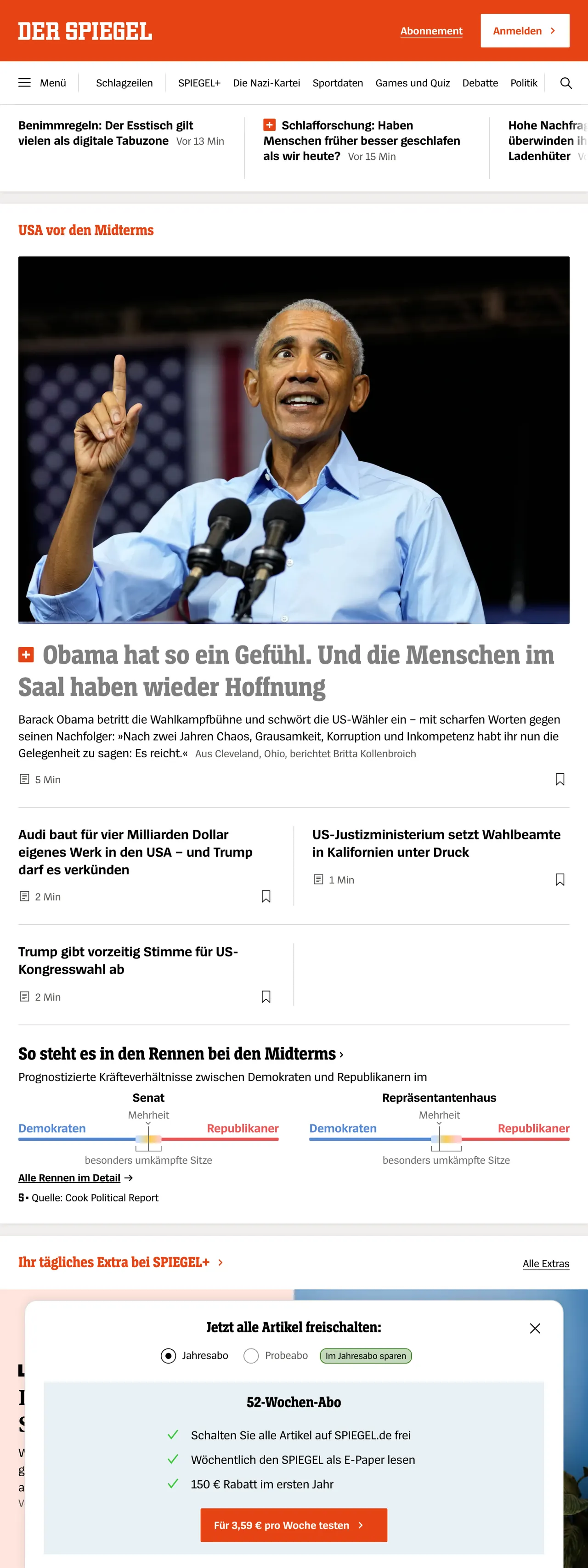 Screenshot of the DER SPIEGEL front page