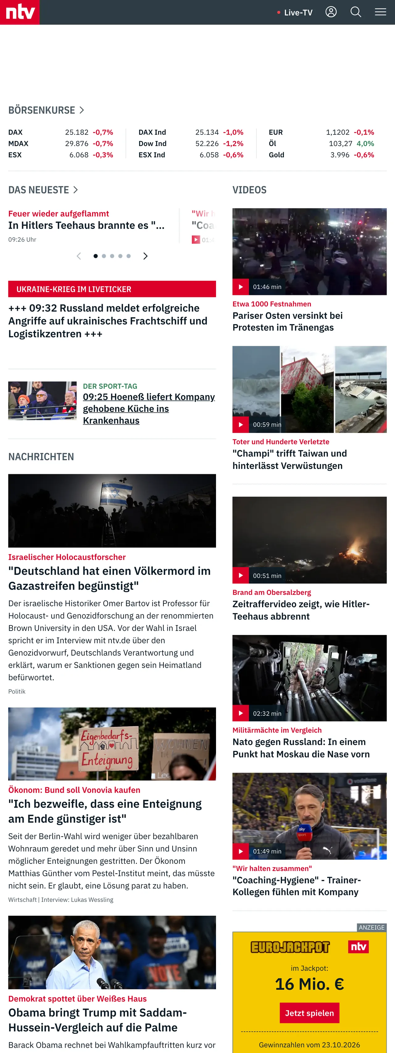 Screenshot of the n-tv front page