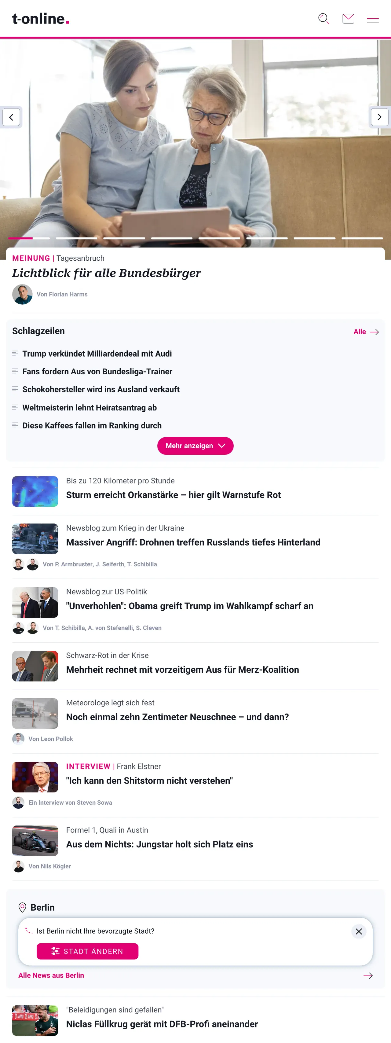 Screenshot of the t-online front page
