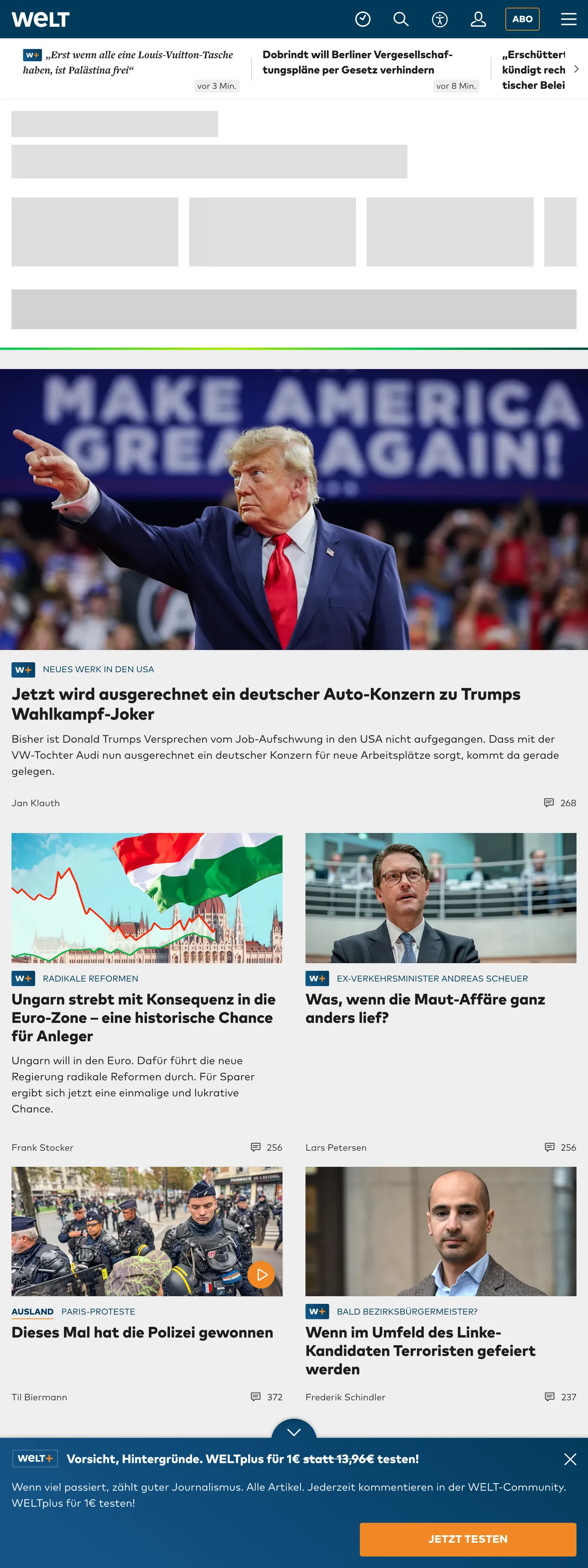Screenshot of the WELT front page