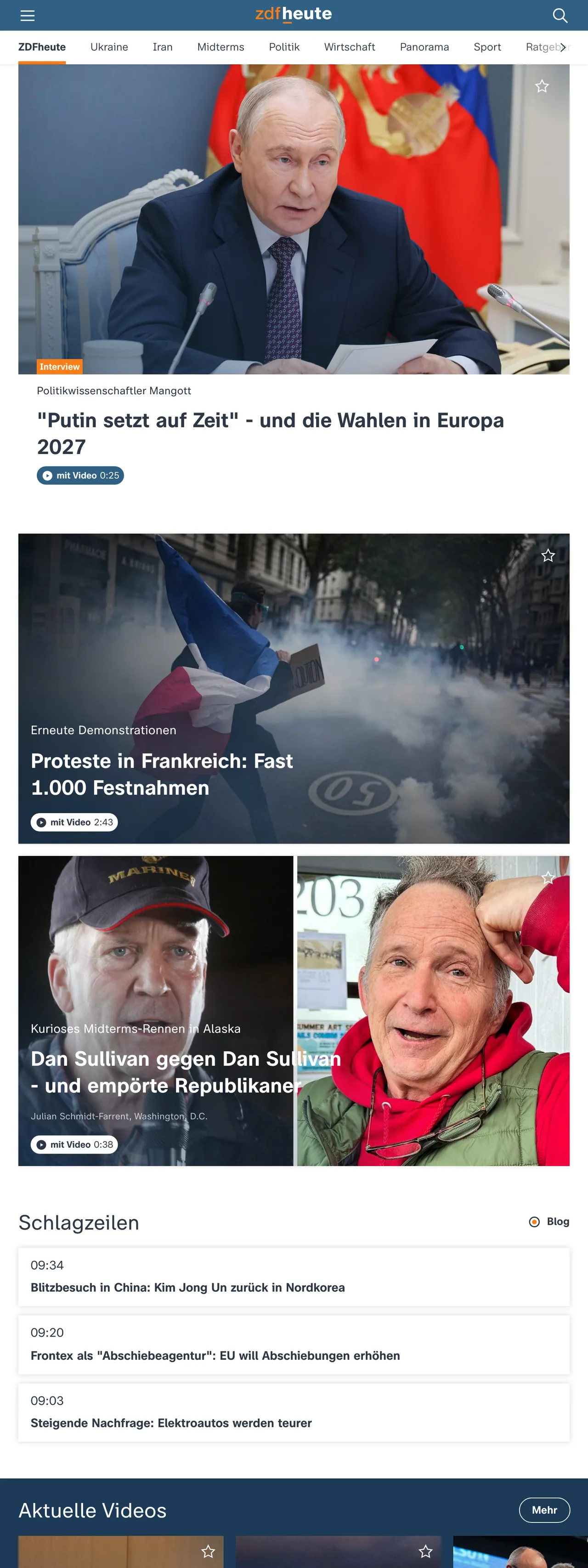 Screenshot of the ZDFheute front page