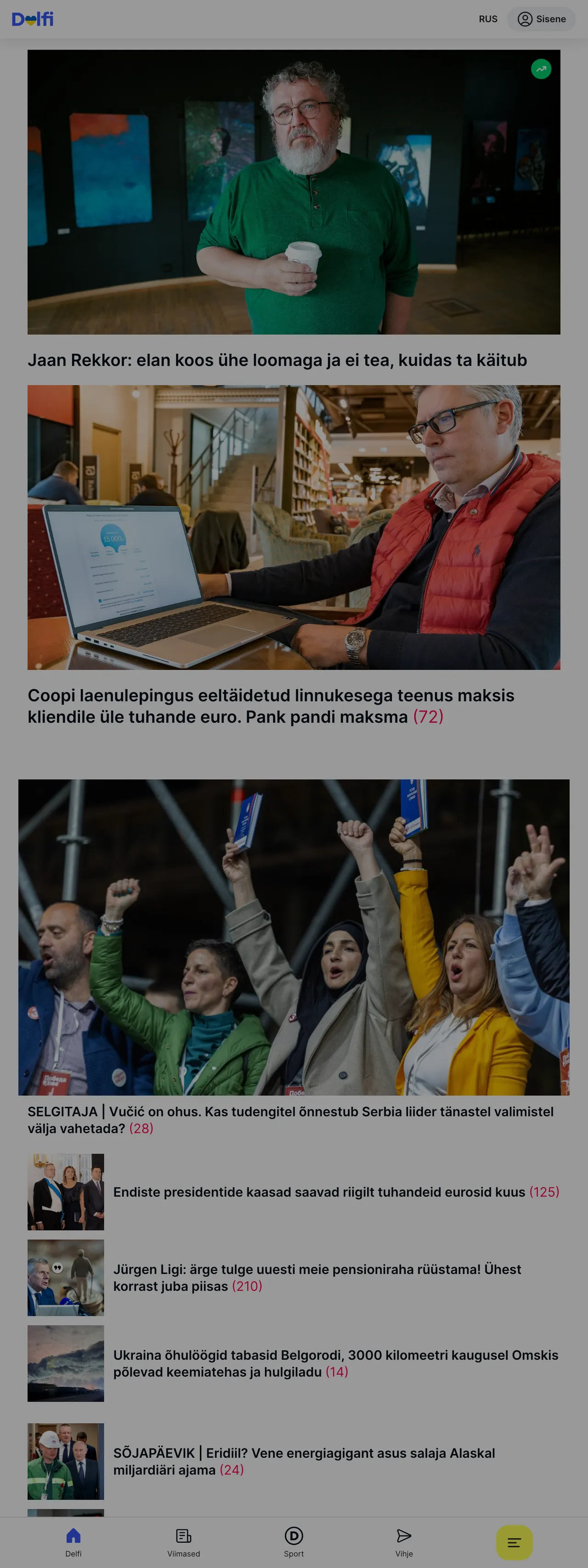 Screenshot of the Delfi front page
