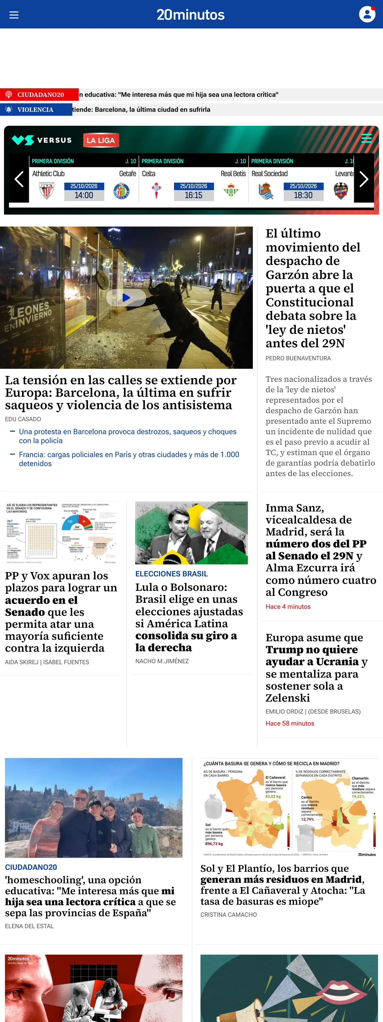 Screenshot of the 20minutos front page