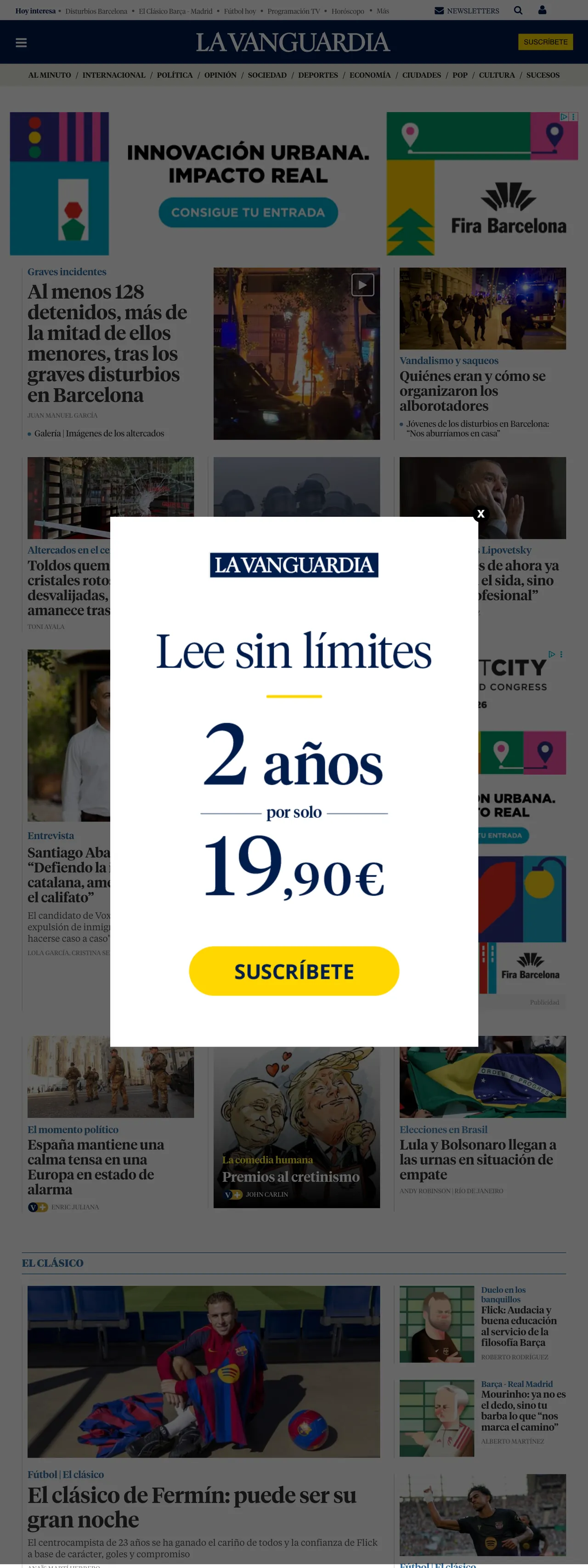 Screenshot of the La Vanguardia front page
