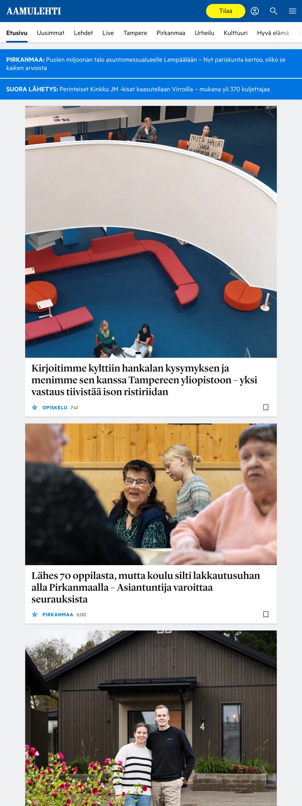 Screenshot of the Aamulehti front page