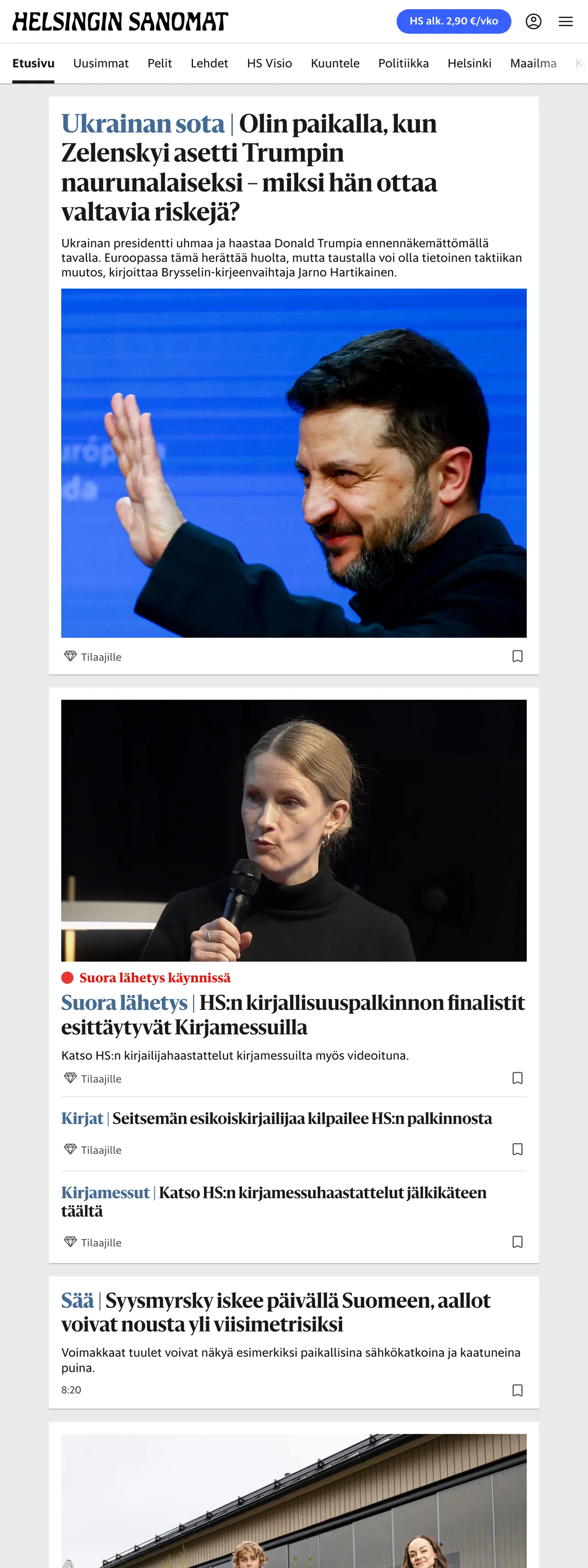 Screenshot of the Helsingin Sanomat front page