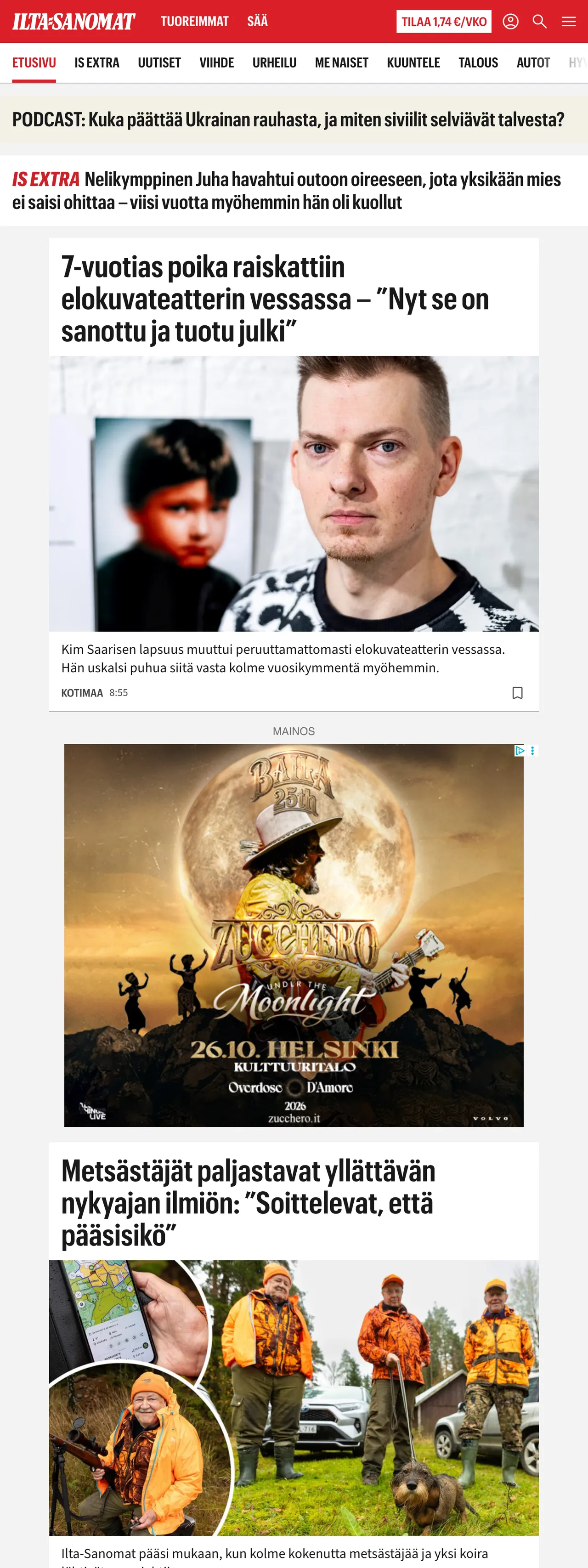 Screenshot of the Ilta-Sanomat front page