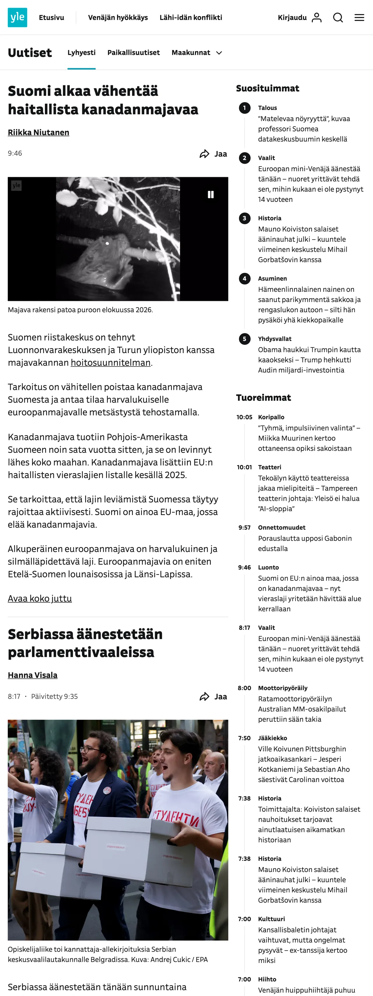 Screenshot of the Yle front page