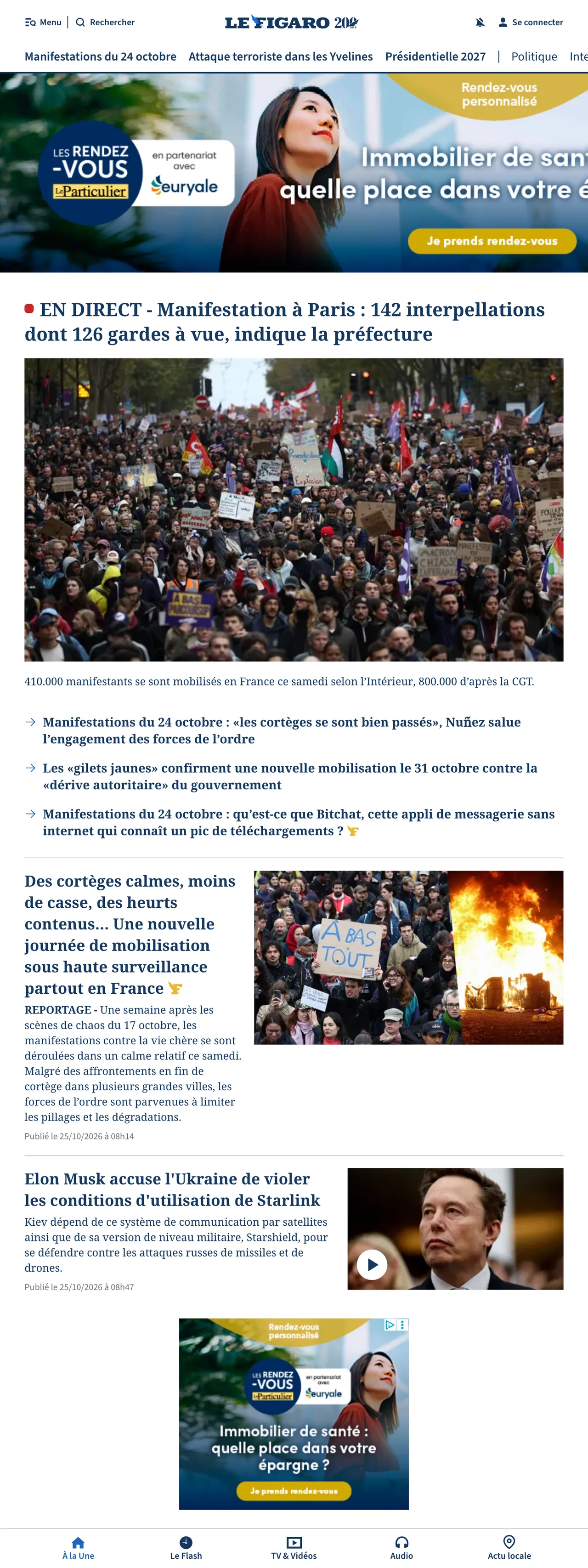 Screenshot of the Le Figaro front page