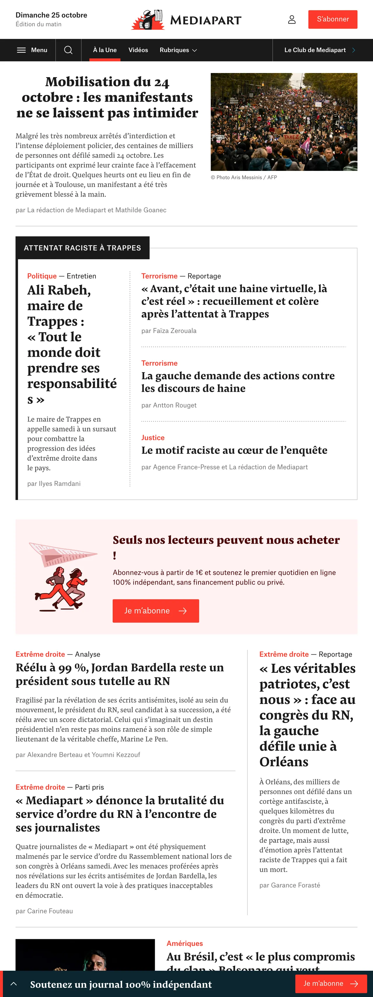 Screenshot of the Mediapart front page