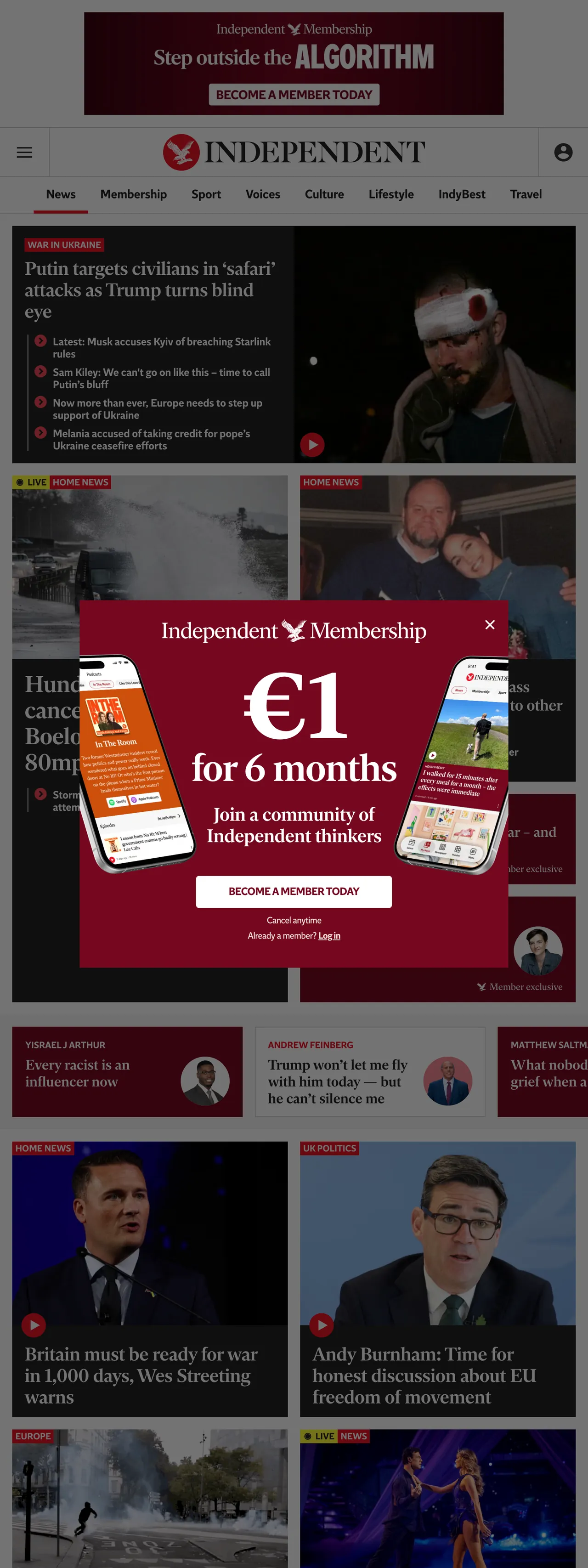 Screenshot of the The Independent front page