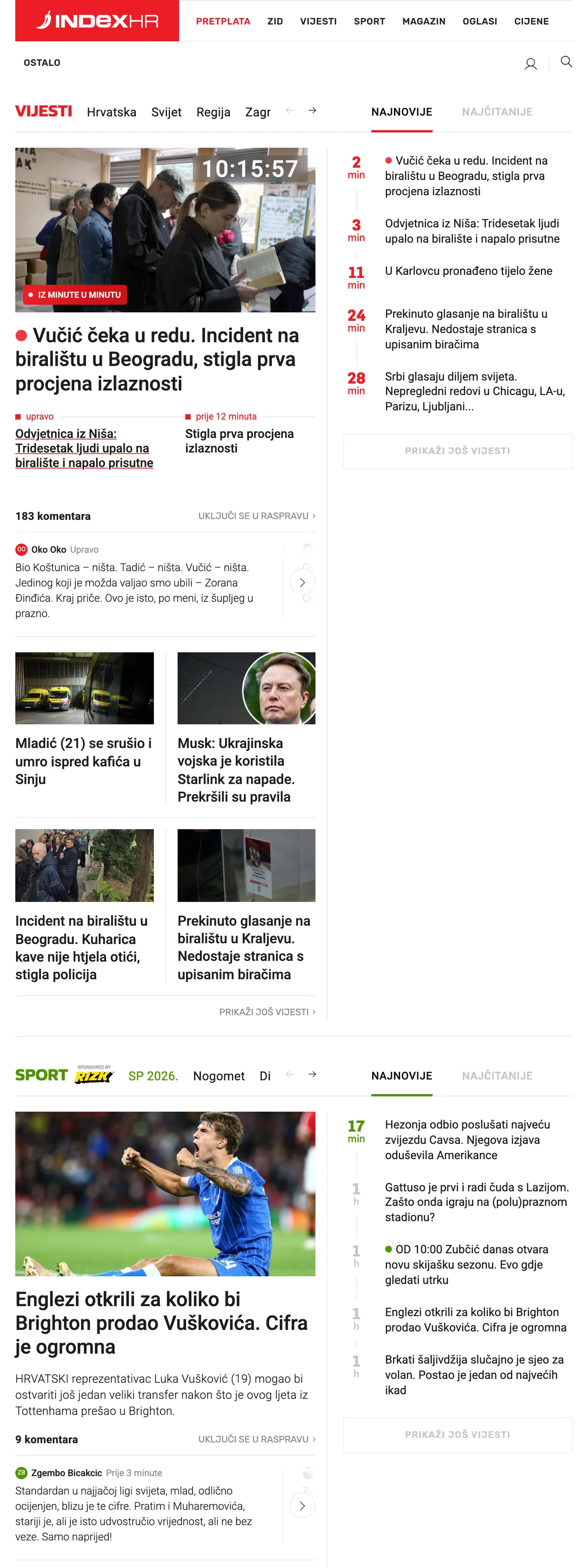 Screenshot of the Index.hr front page
