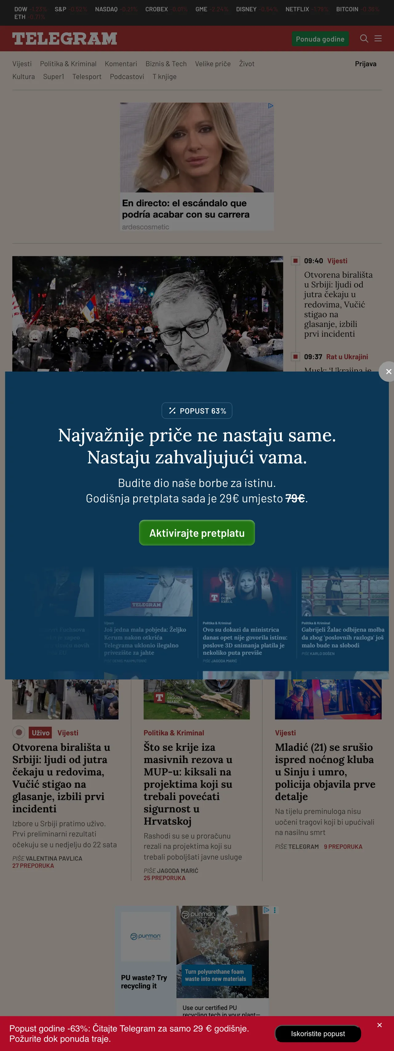 Screenshot of the Telegram.hr front page