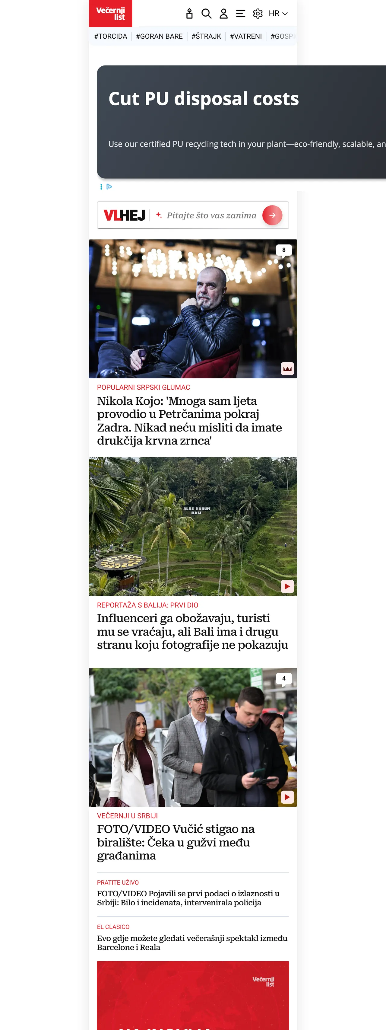 Screenshot of the Večernji list front page