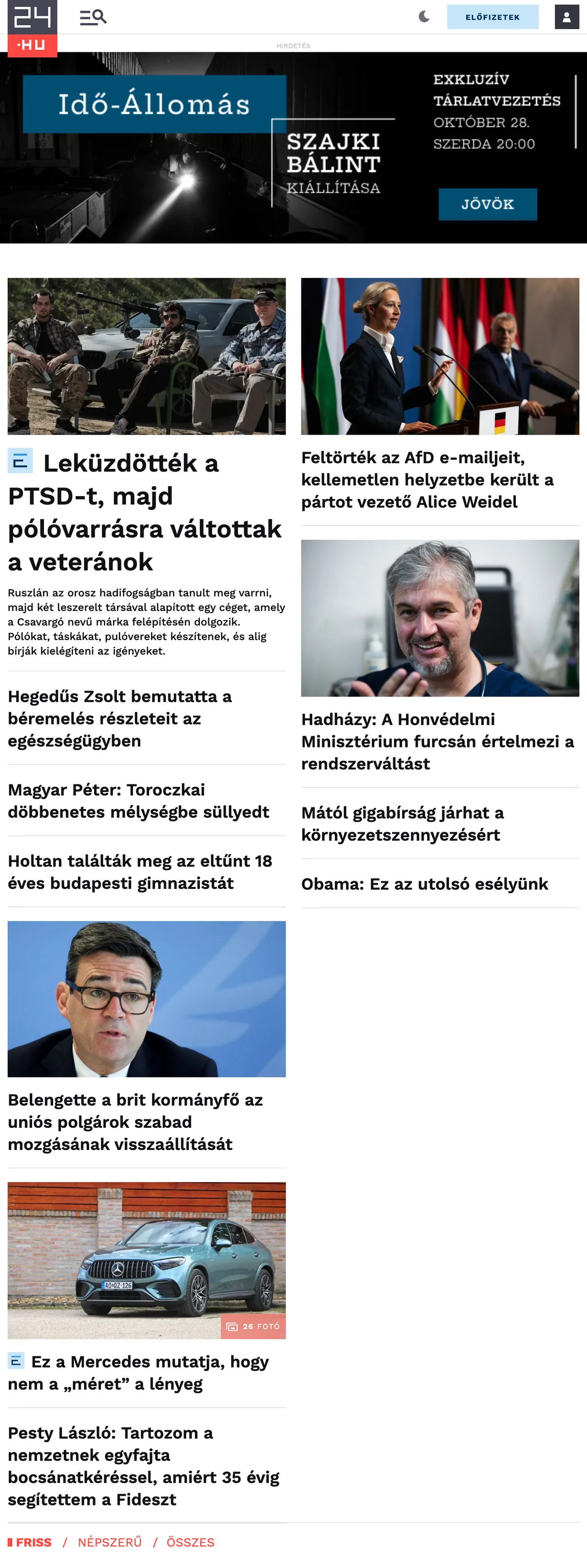 Screenshot of the 24.hu front page