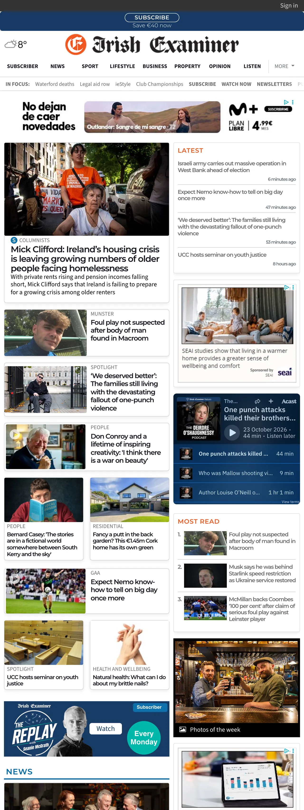 Screenshot of the Irish Examiner front page