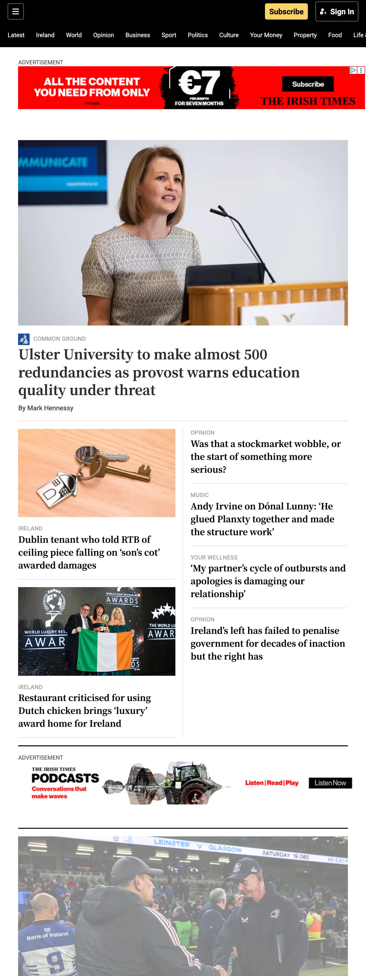 Screenshot of the The Irish Times front page