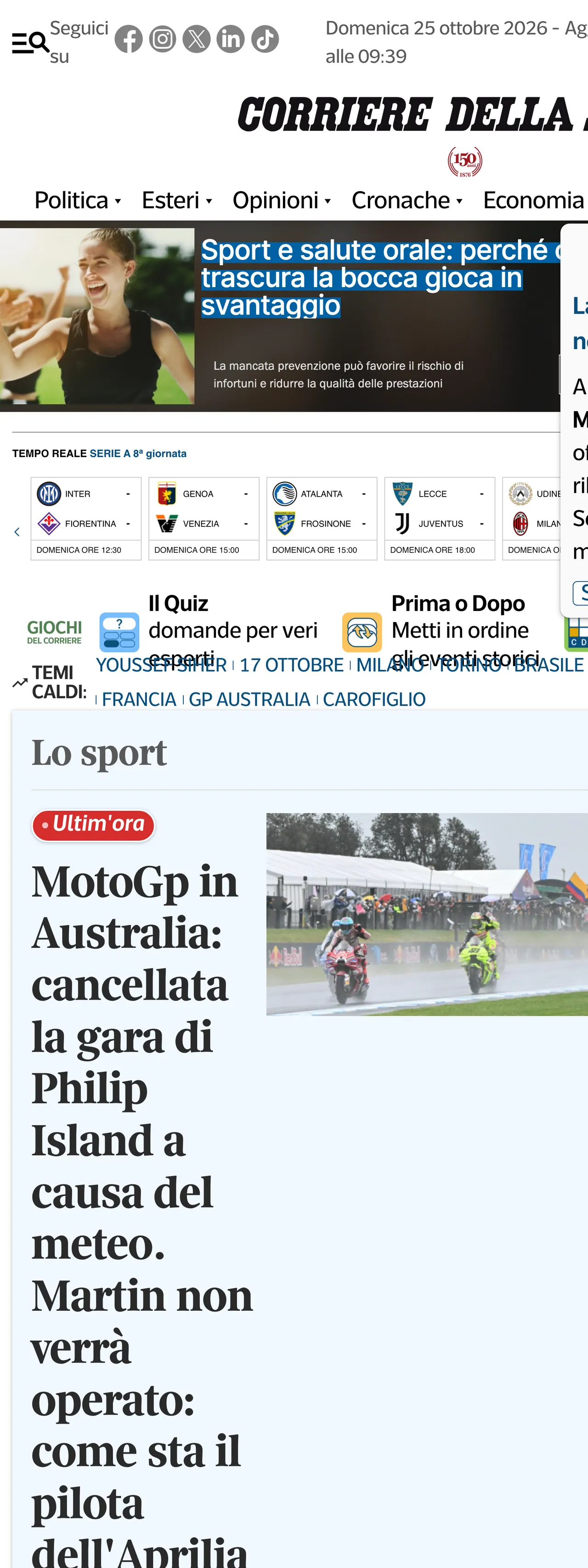 Screenshot of the Corriere della Sera front page