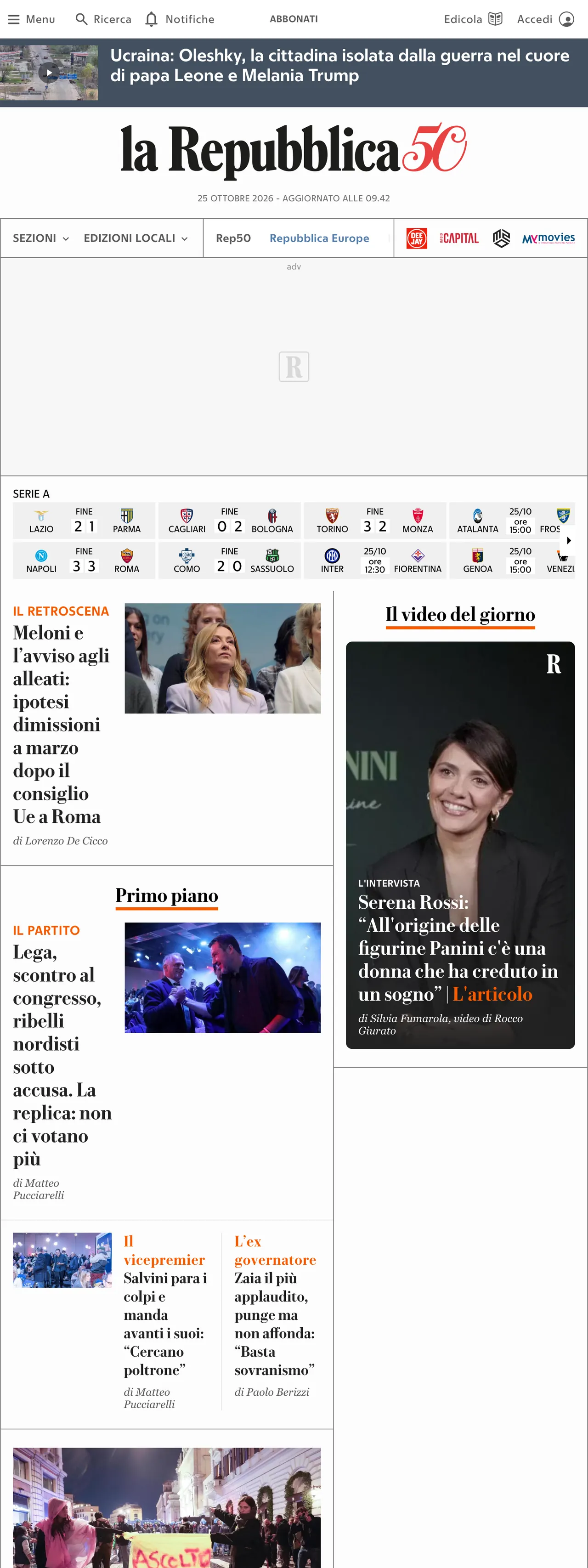 Screenshot of the la Repubblica front page