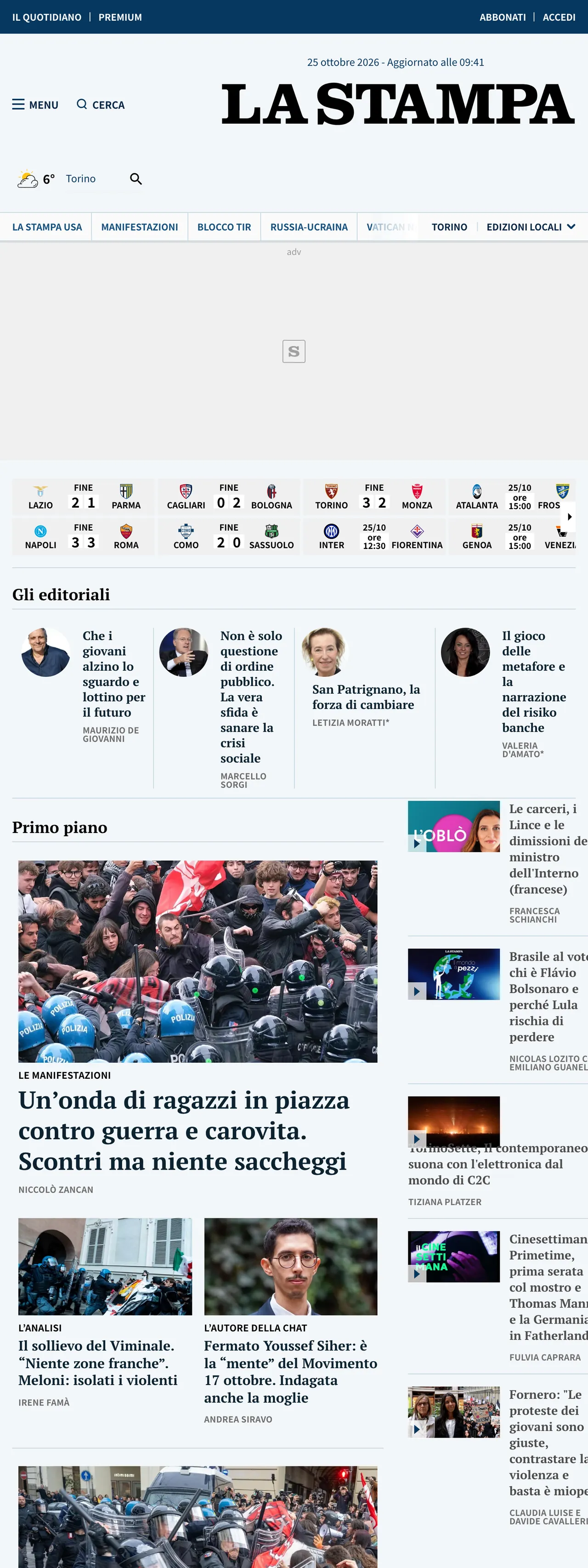 Screenshot of the La Stampa front page