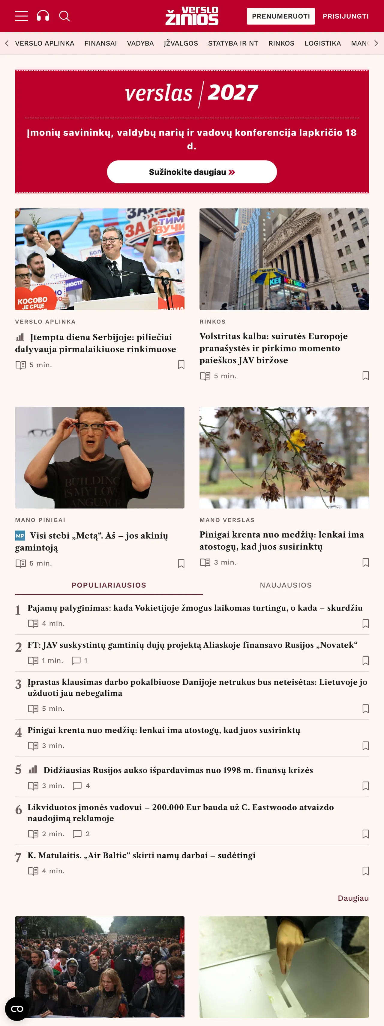Screenshot of the Verslo žinios front page