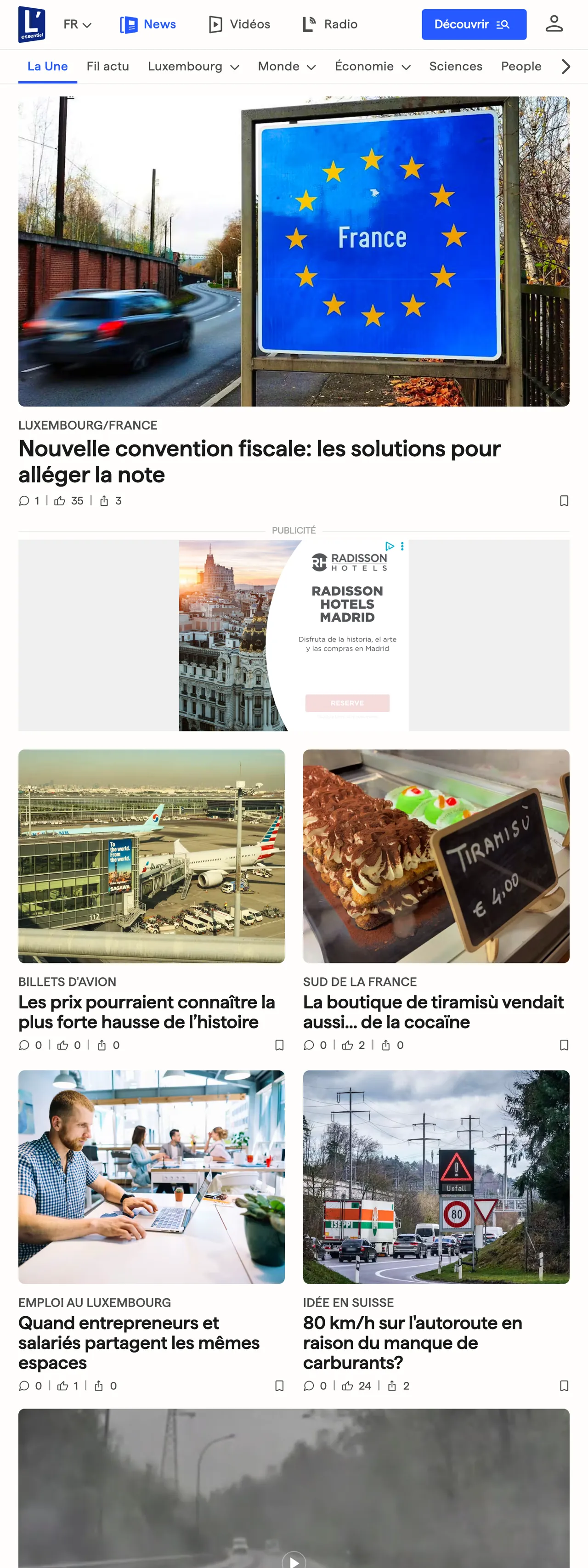 Screenshot of the L'essentiel front page