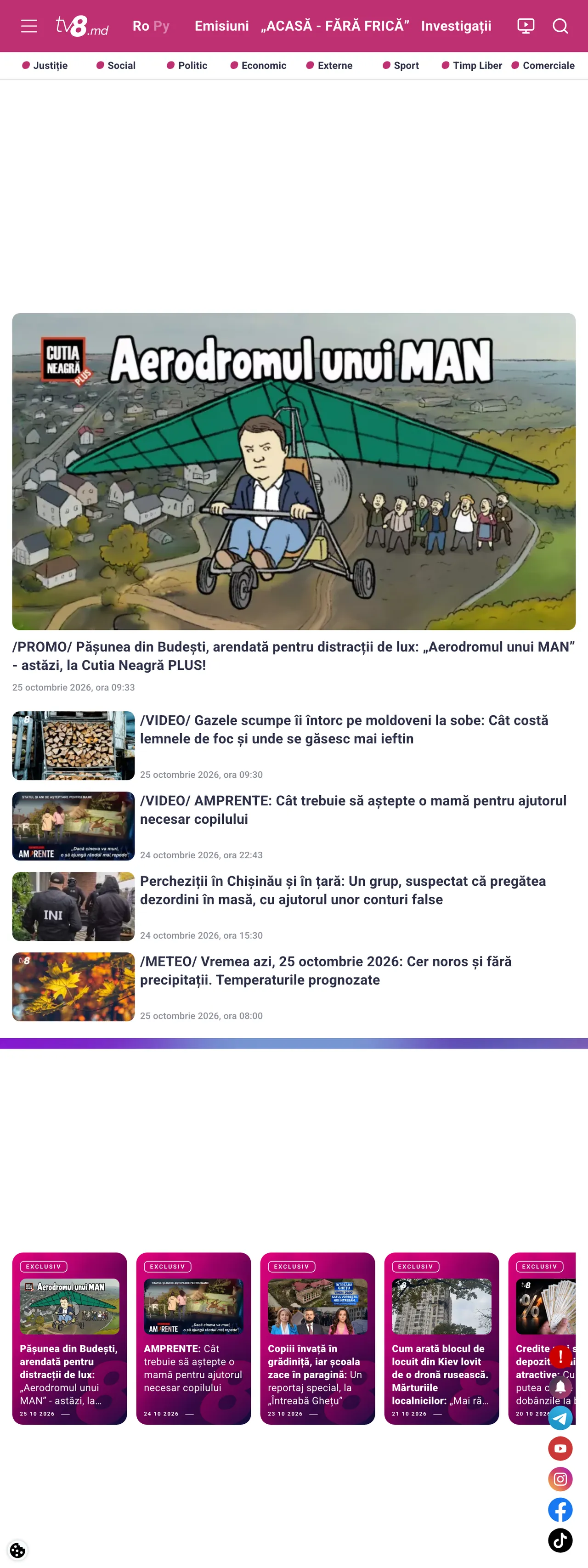 Screenshot of the TV8 front page