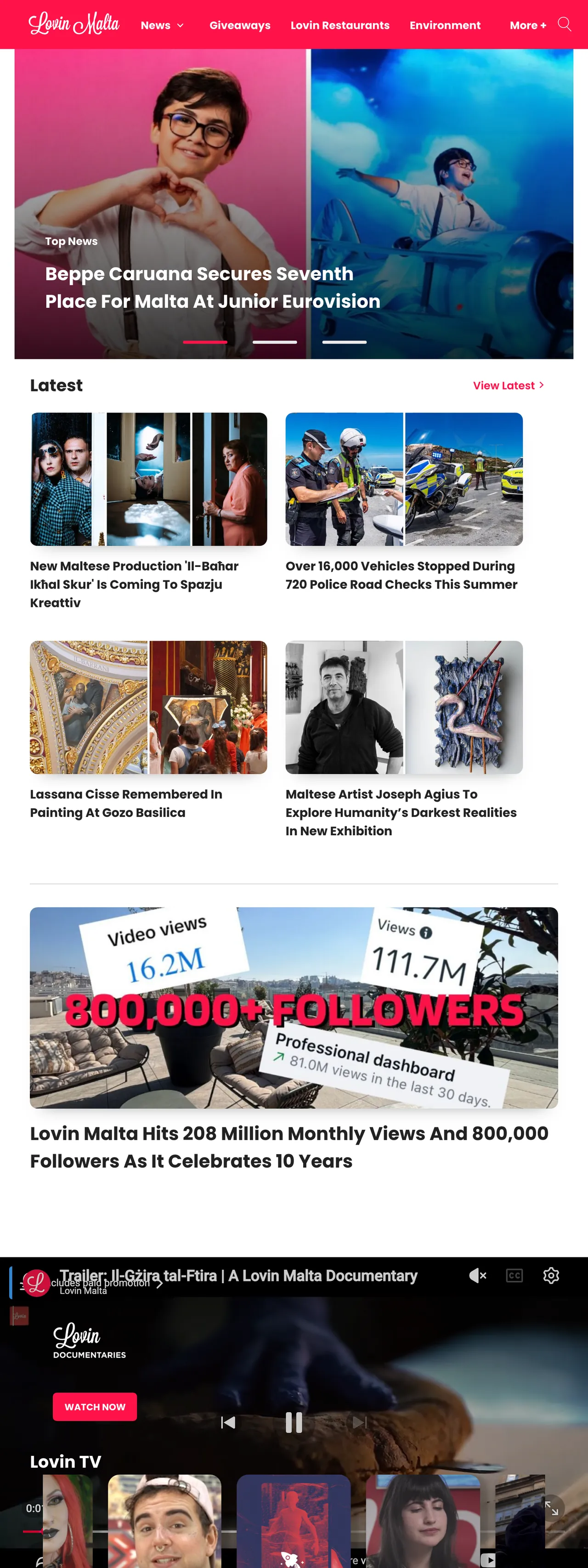 Screenshot of the Lovin Malta front page