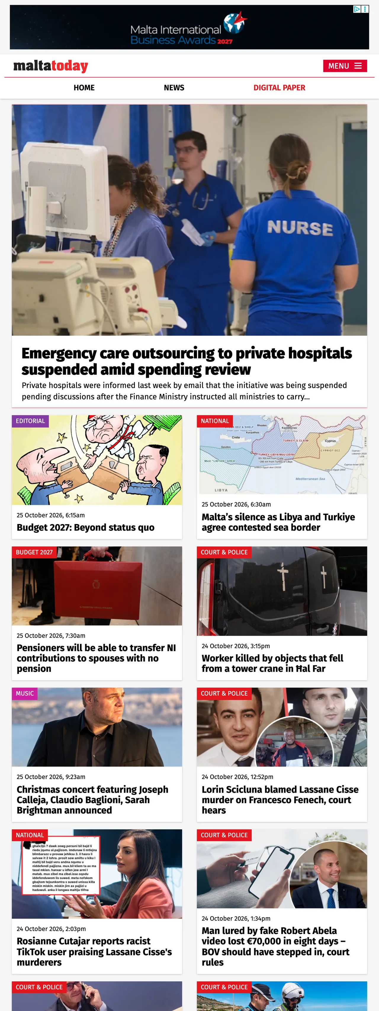 Screenshot of the Malta Today front page