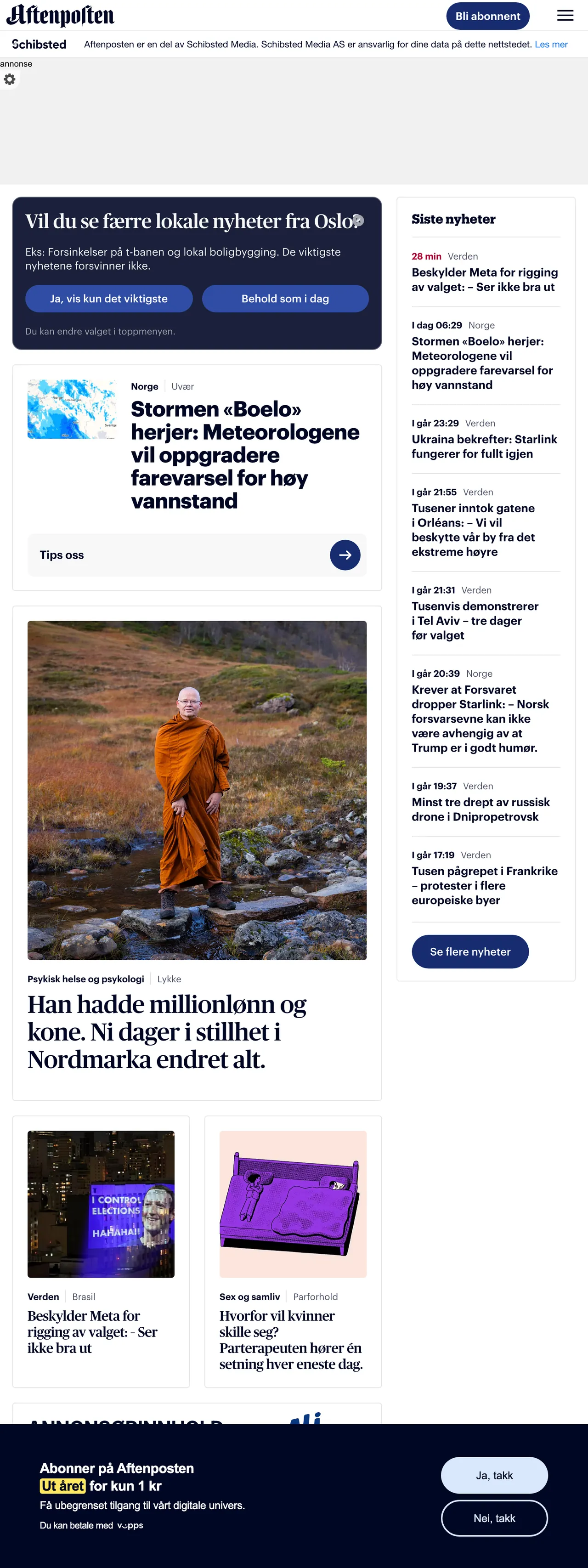 Screenshot of the Aftenposten front page