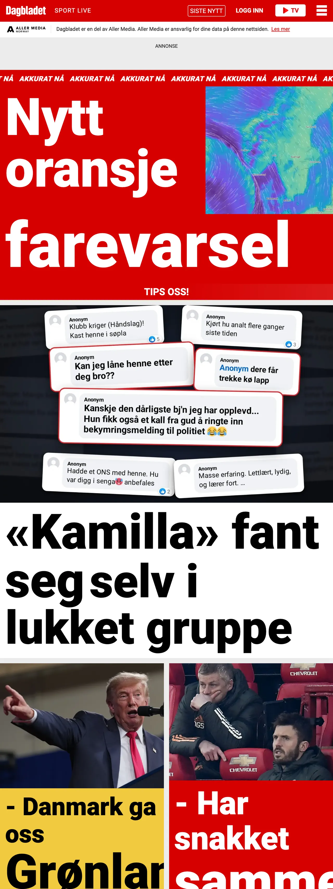 Screenshot of the Dagbladet front page
