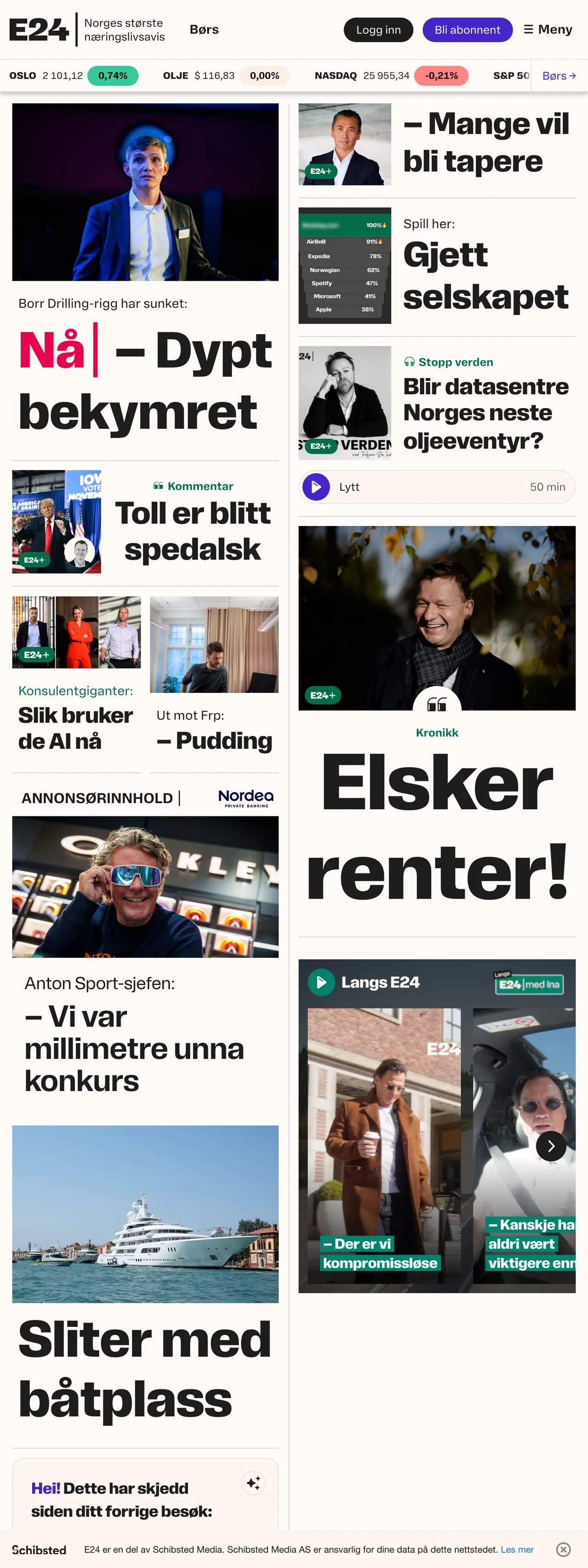 Screenshot of the E24 front page