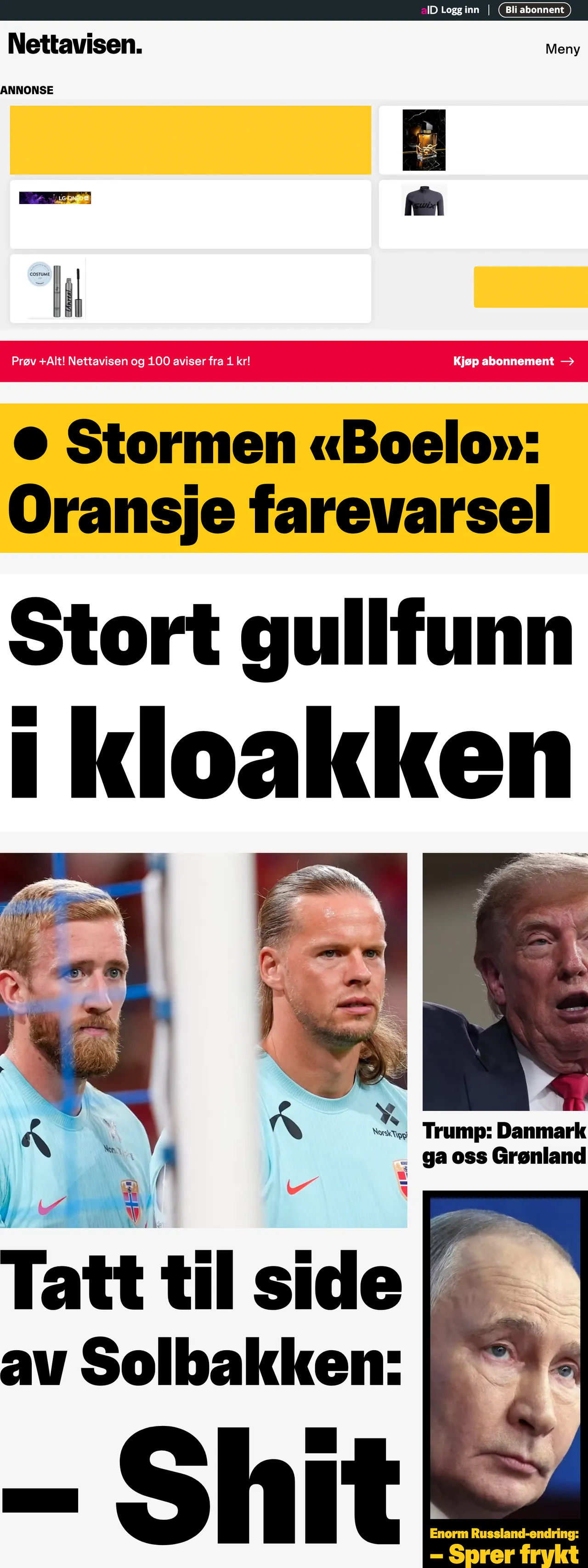 Screenshot of the Nettavisen front page
