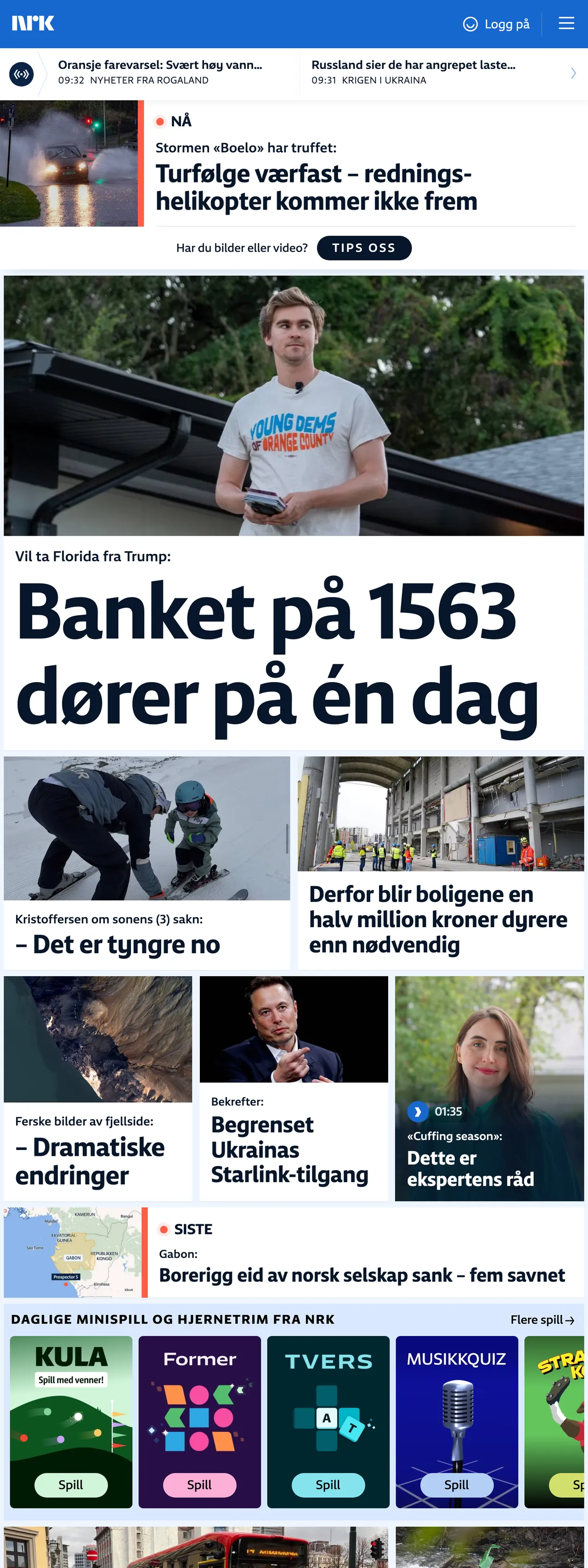 Screenshot of the NRK front page