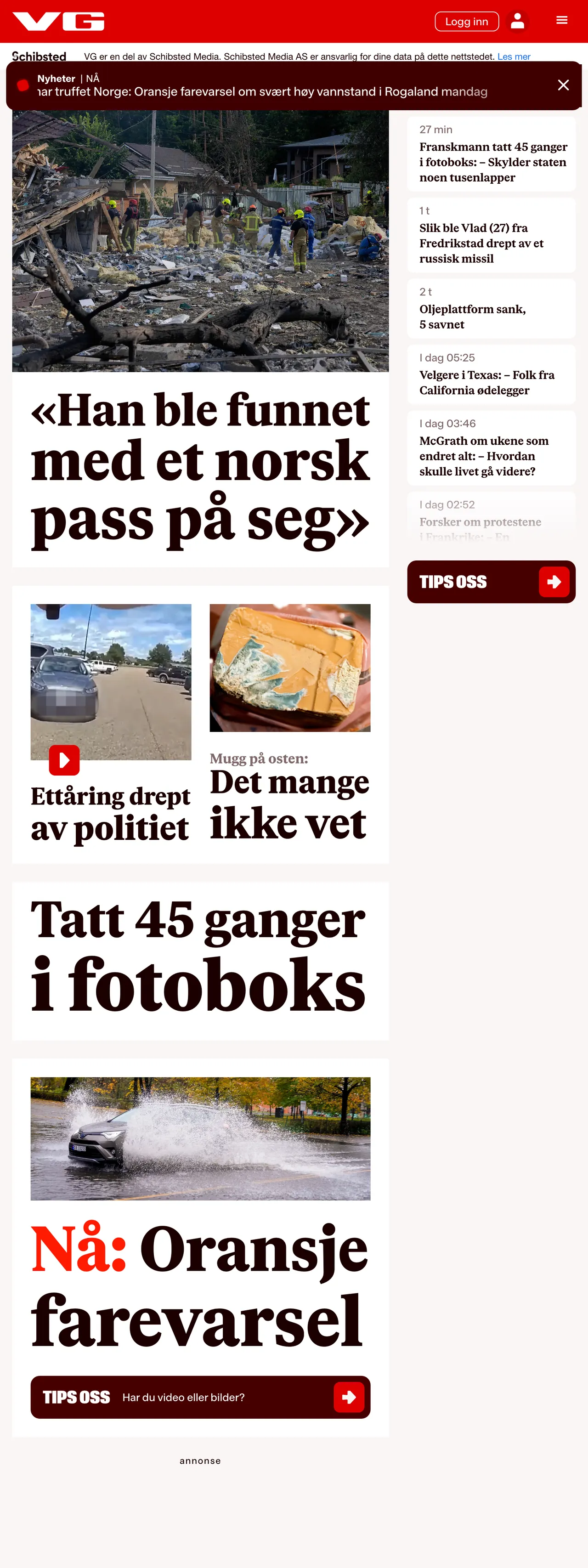Screenshot of the VG front page