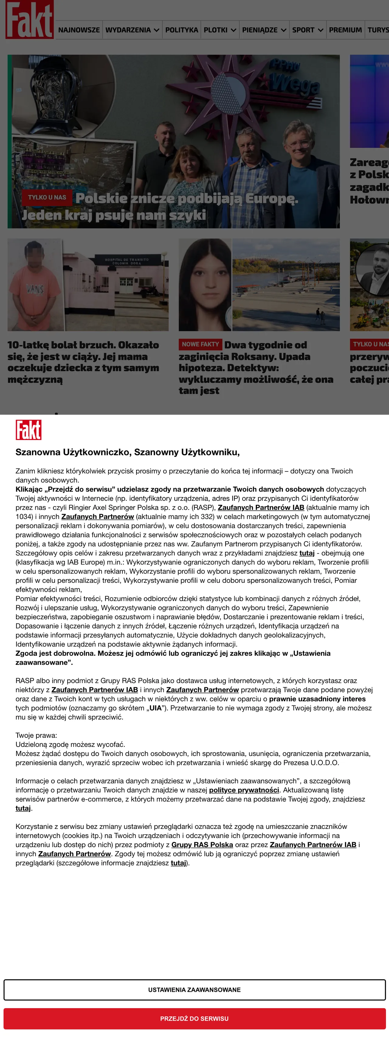 Screenshot of the Fakt front page