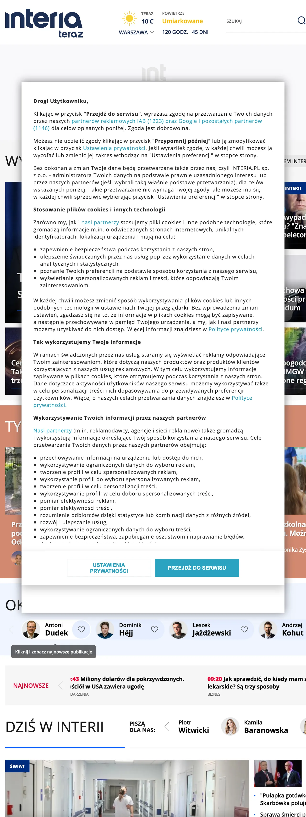 Screenshot of the Interia front page