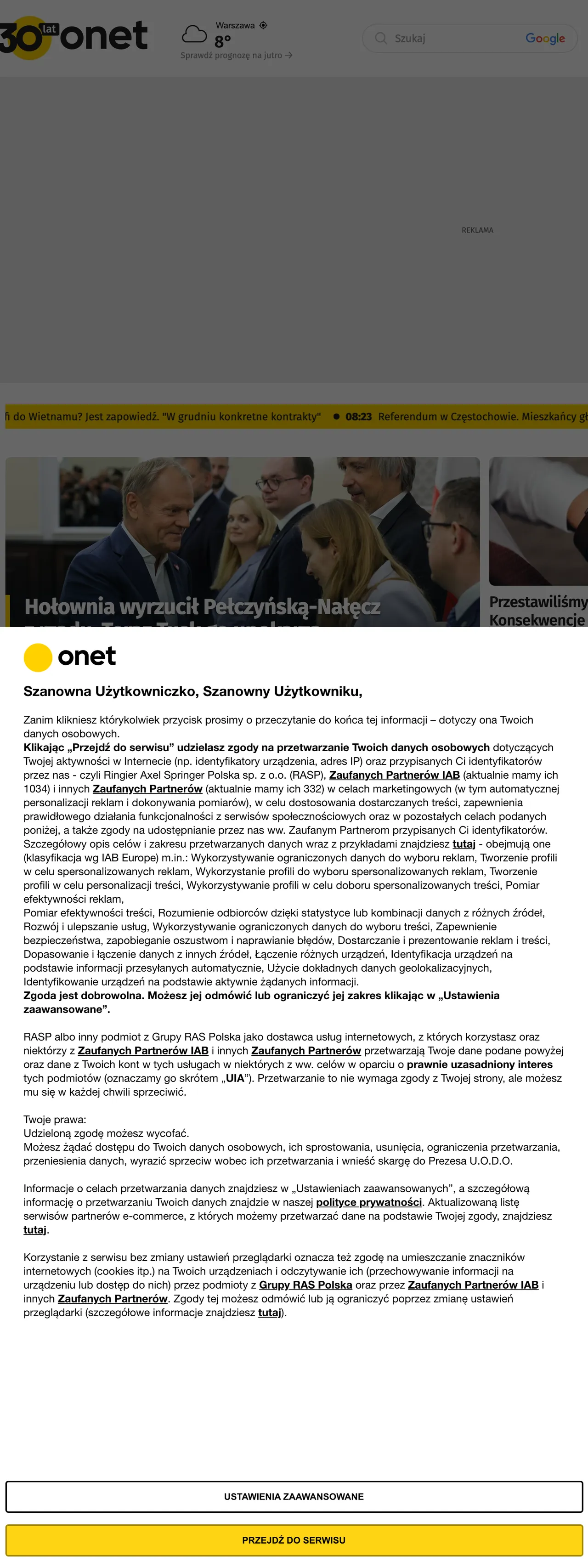 Screenshot of the Onet front page