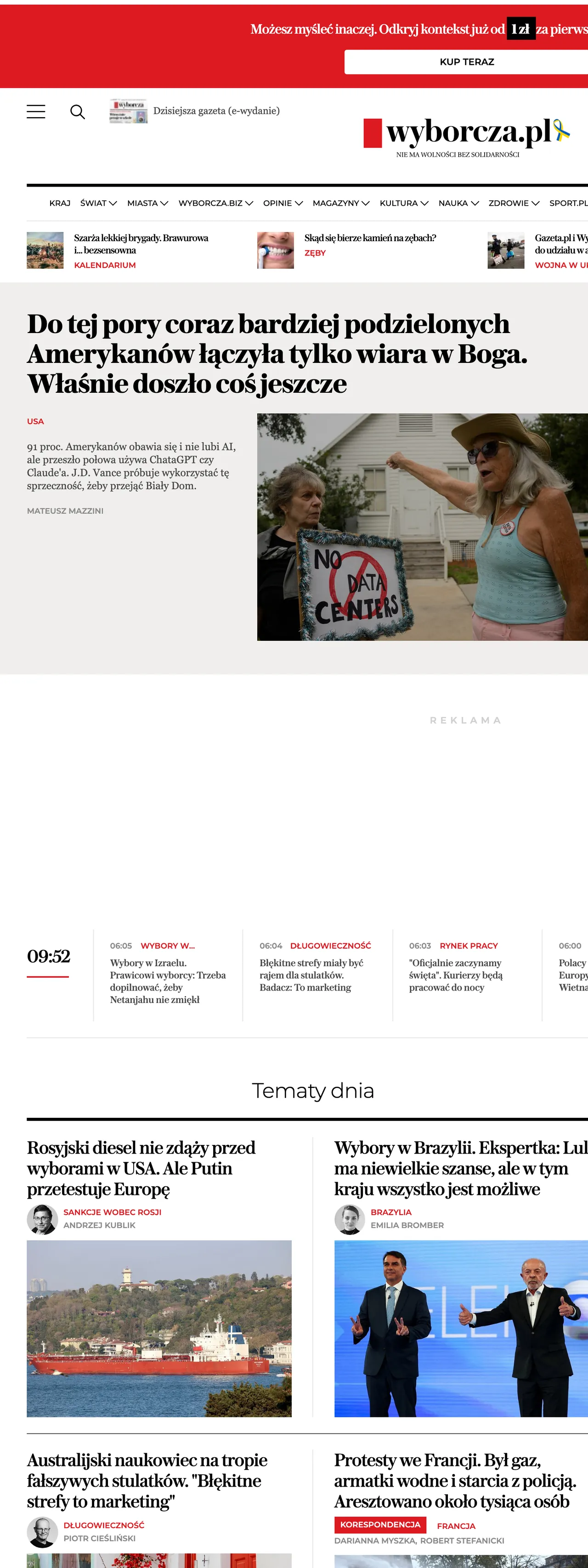 Screenshot of the Wyborcza front page