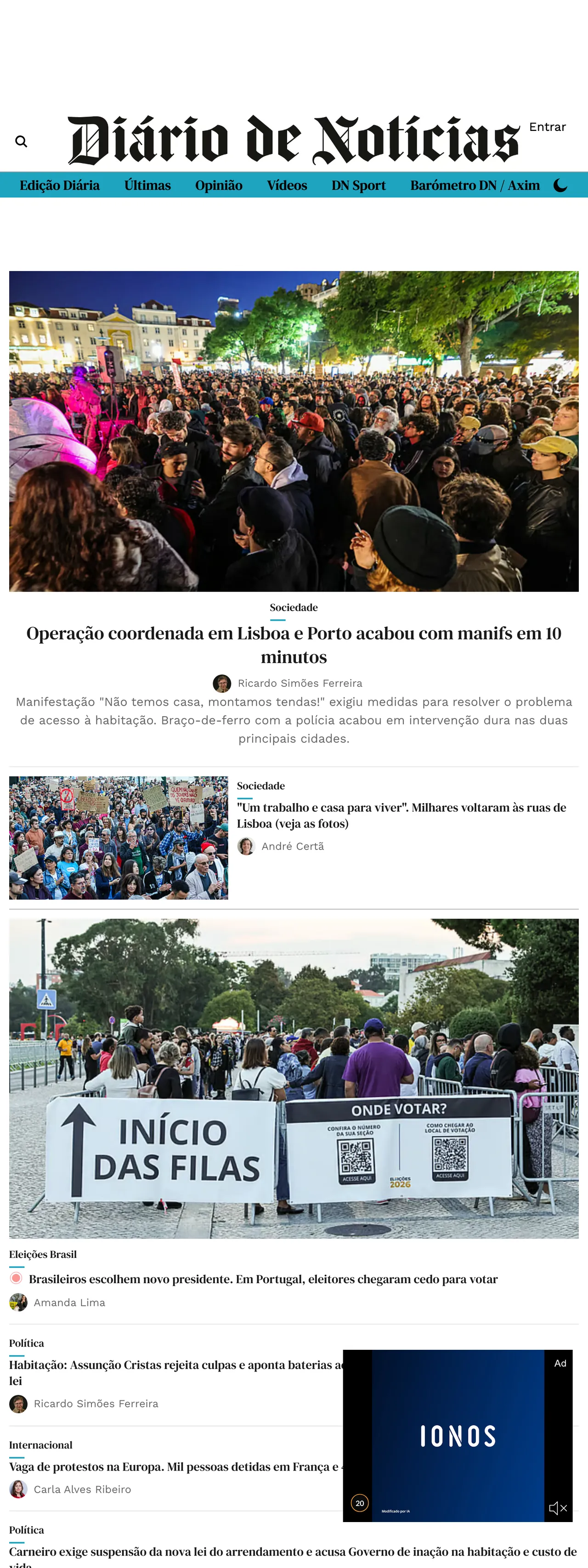 Screenshot of the Diário de Notícias front page
