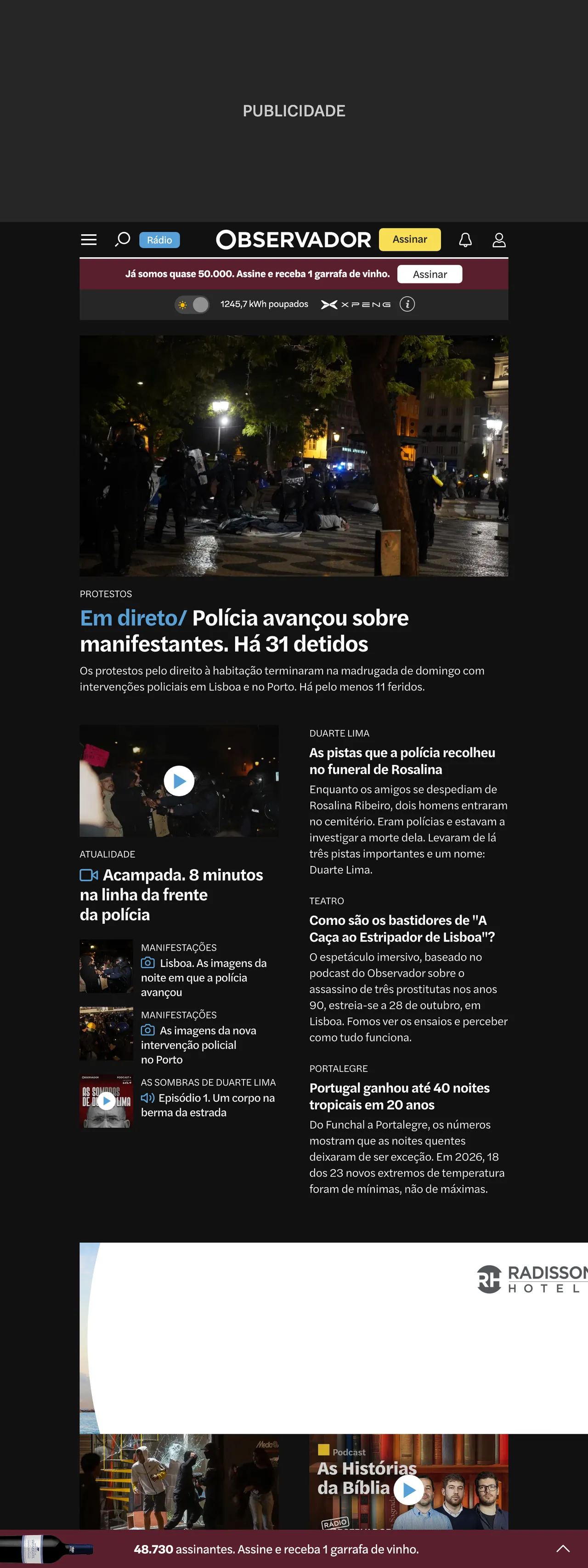 Screenshot of the Observador front page