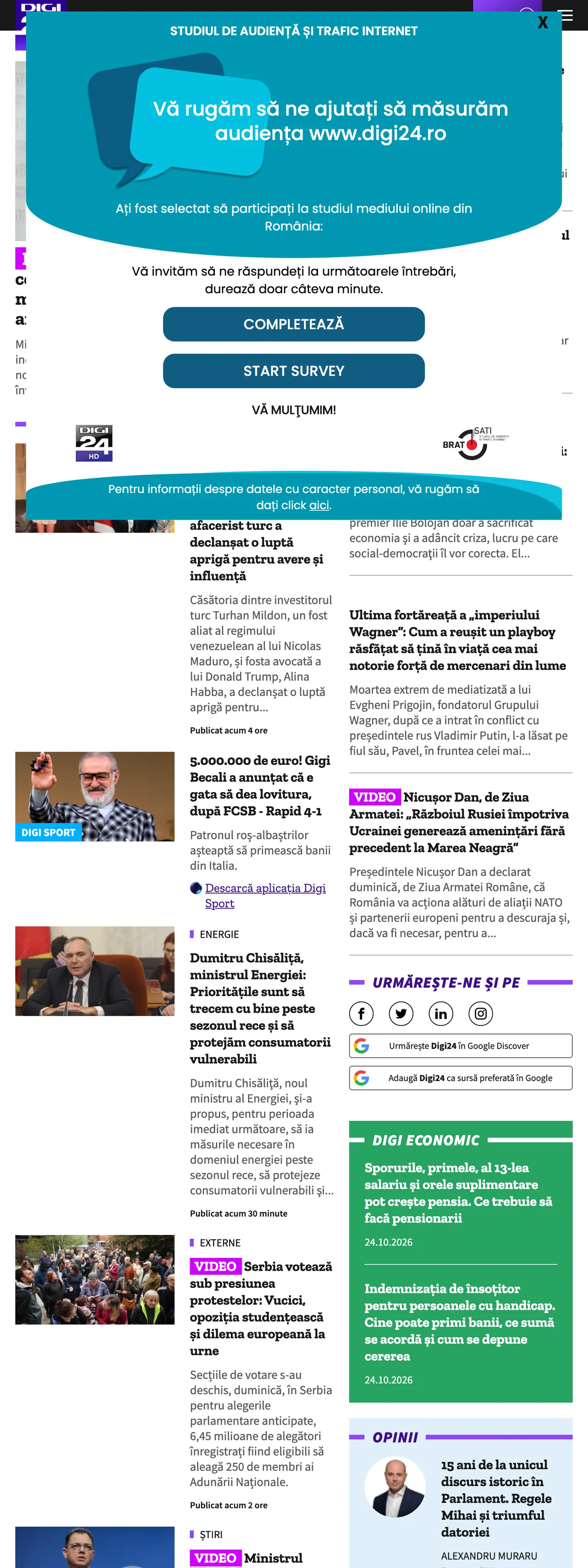 Screenshot of the Digi24 front page