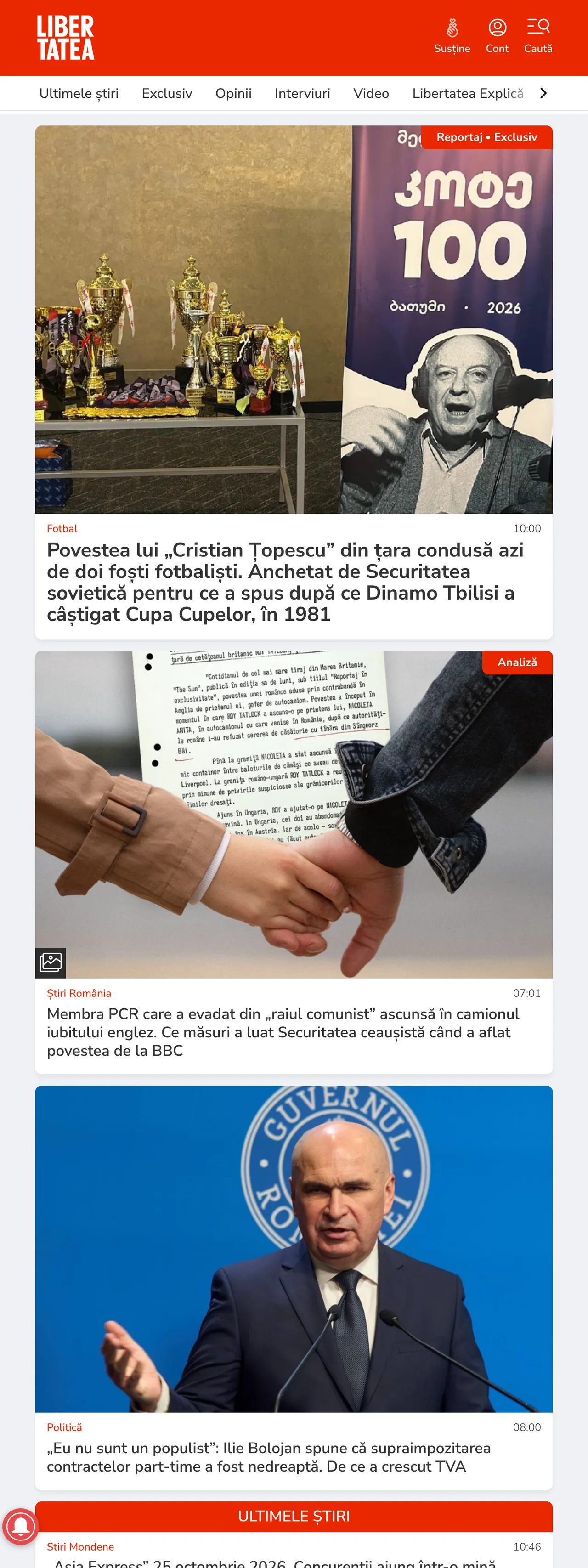 Screenshot of the Libertatea front page