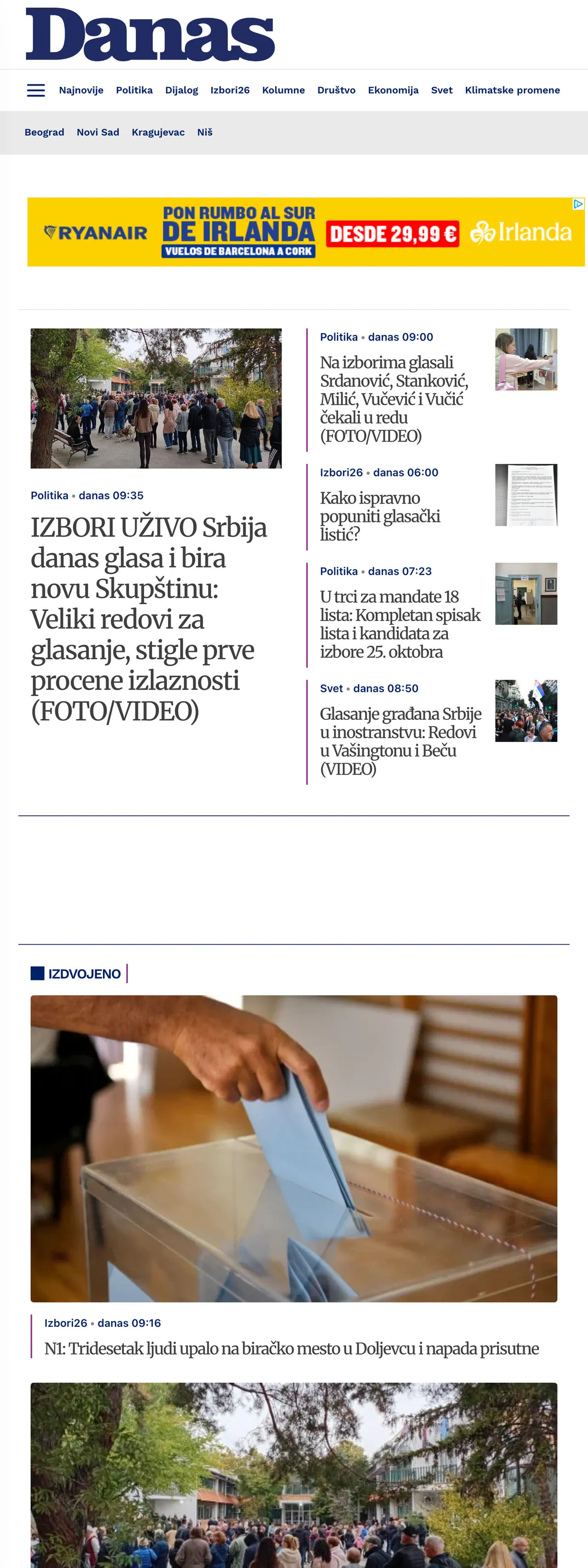 Screenshot of the Danas front page